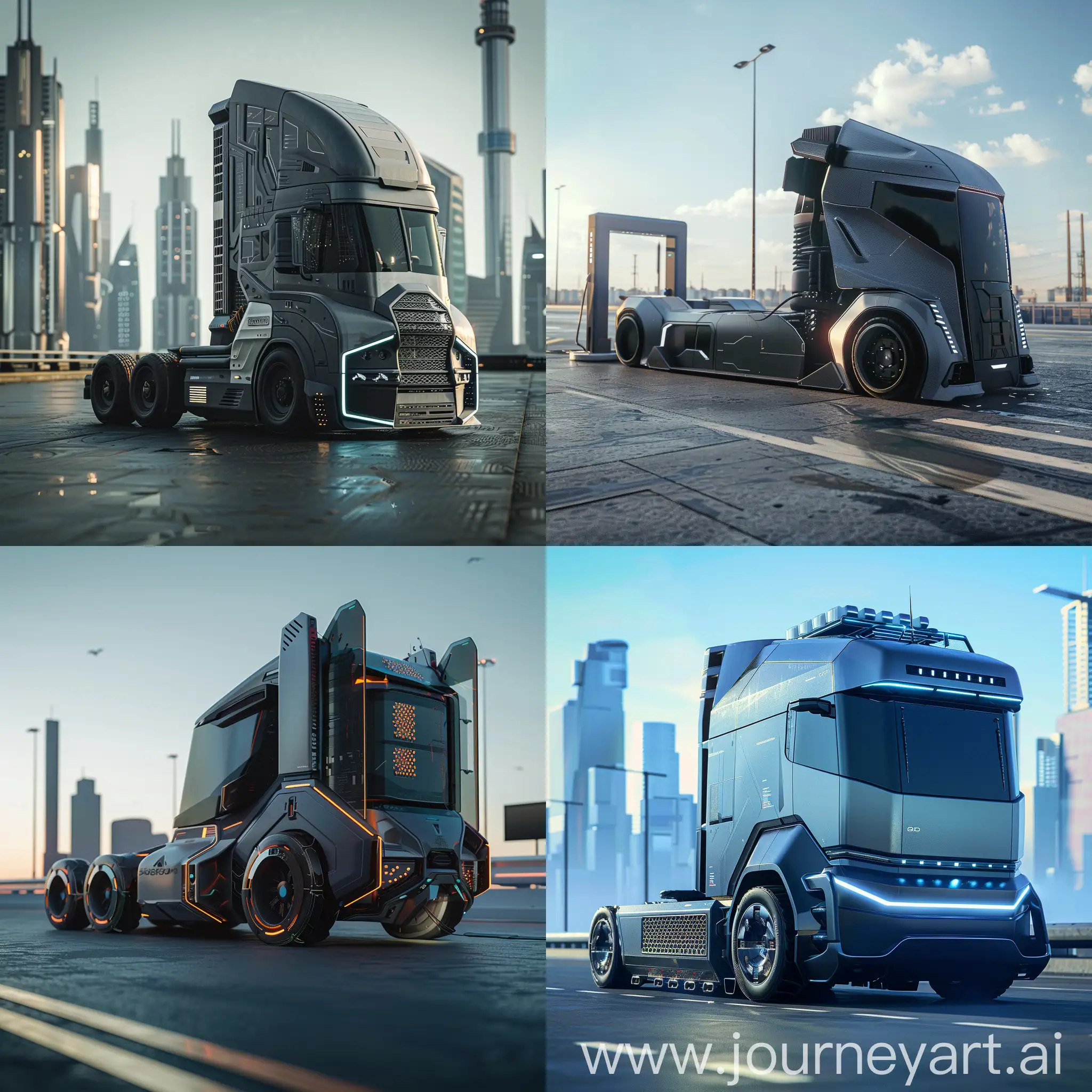 Cyber-Truck-Charging-at-Daylight-with-Empty-City-Background