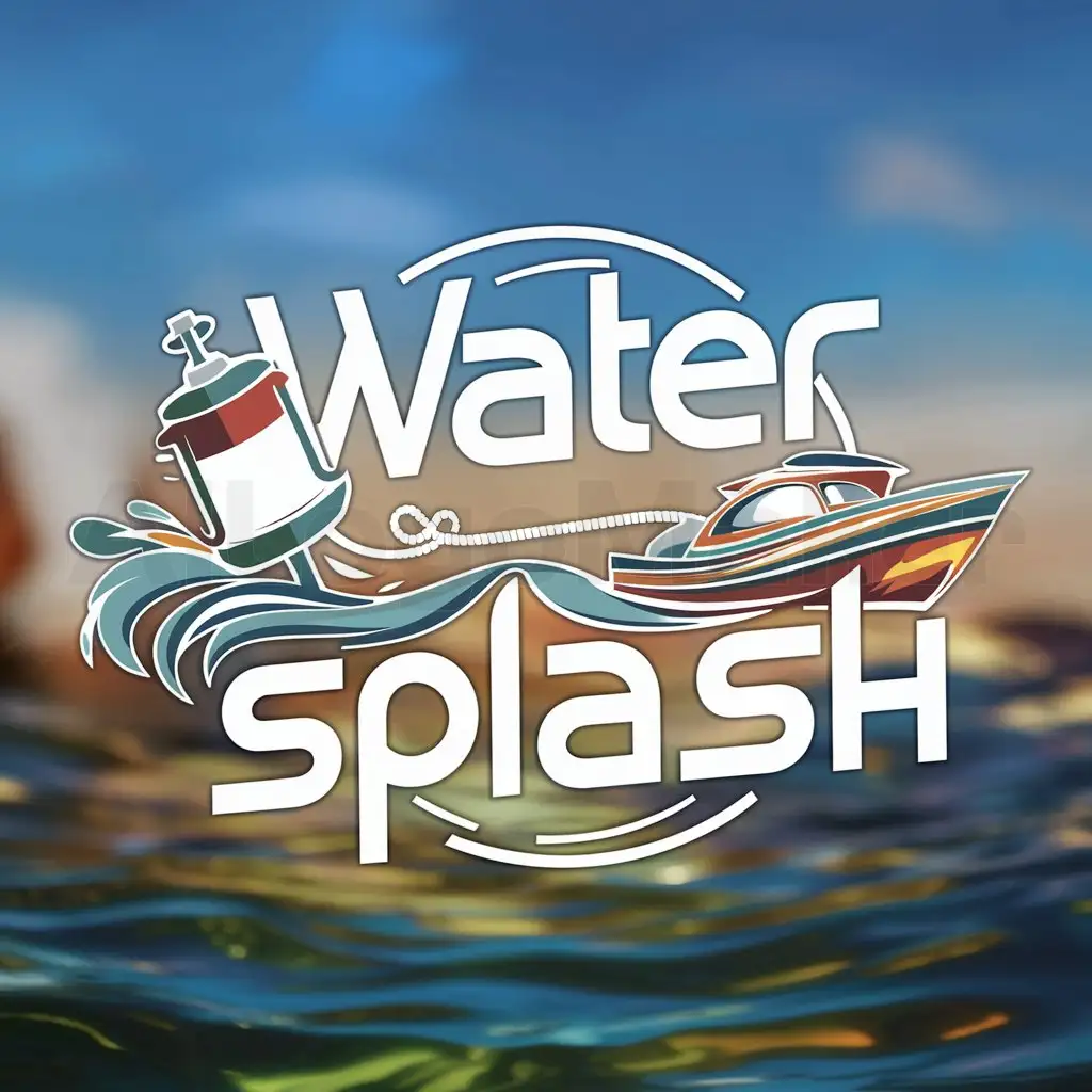 a logo design,with the text "Water Splash", main symbol:buoy pulled by a boat, warm colors, the sea during the day,complex,be used in Entertainment industry,clear background