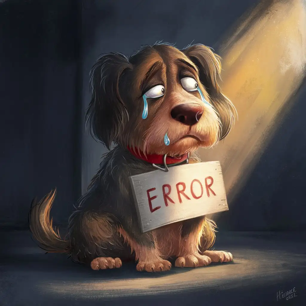 Сделай грустную мультяшную собаку с большим знаком ошибка