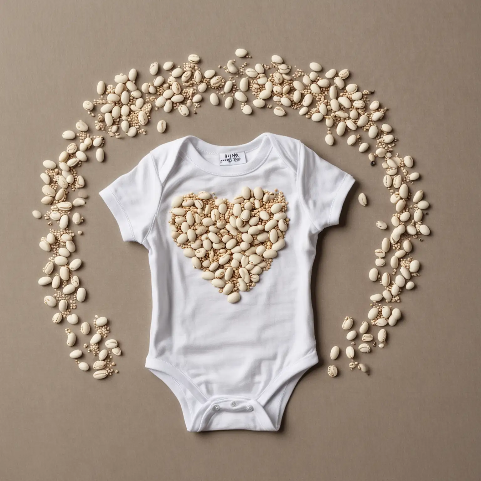 flat lay image, white Baby onesie, spilt beans, beans in the shape of a heart