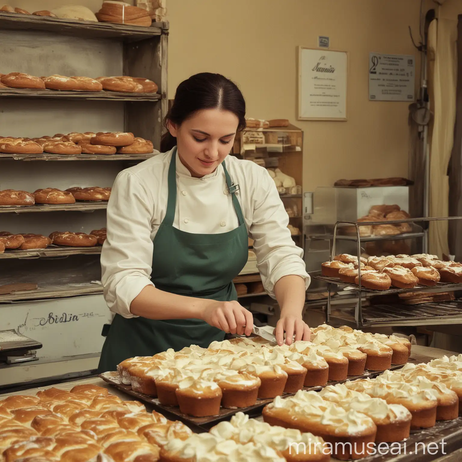 In a bakery called Nardin, a woman is baking a cake