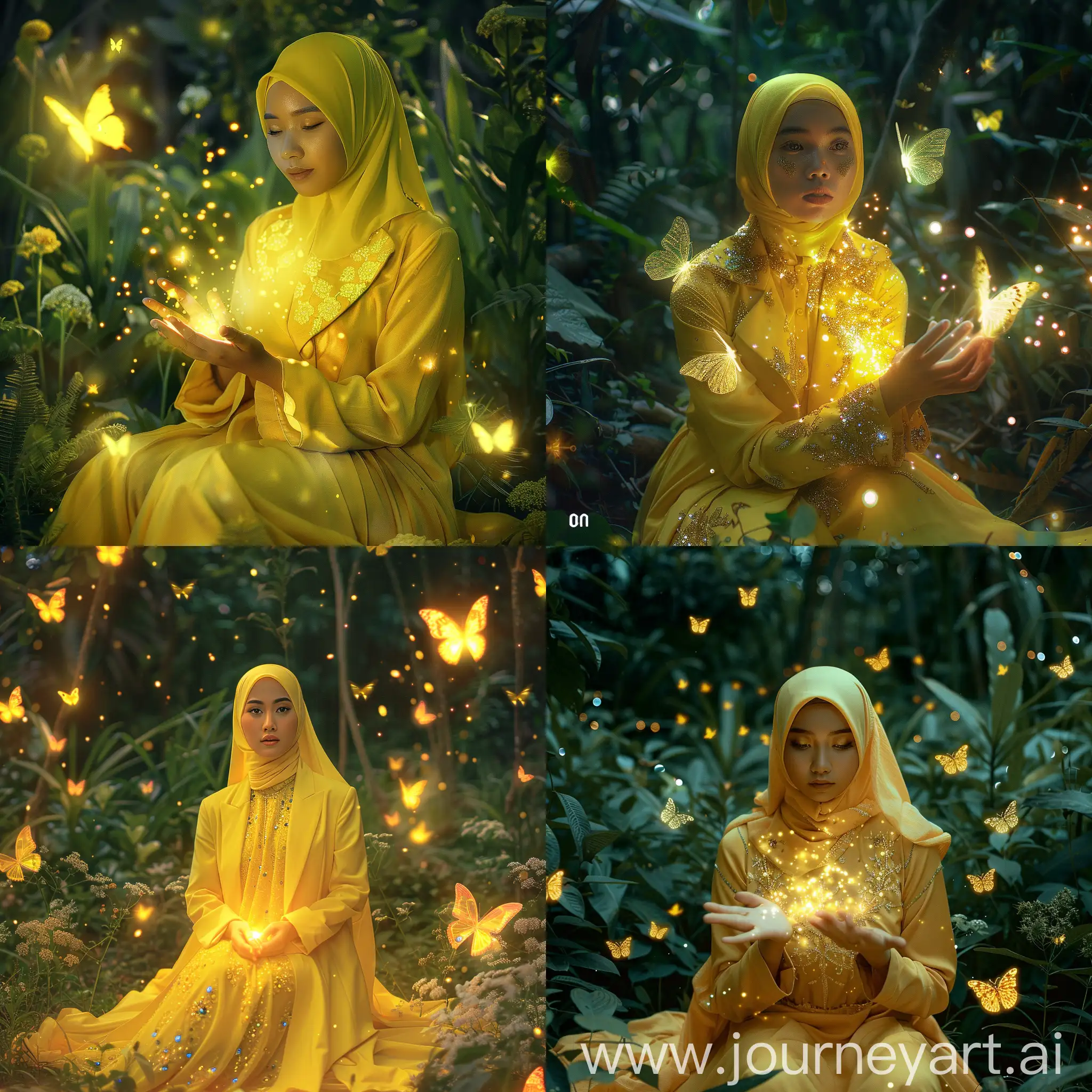 Elegant-Indonesian-Woman-in-Yellow-Attire-Surrounded-by-Glowing-Butterflies-and-Fireflies-in-Garden-at-Night