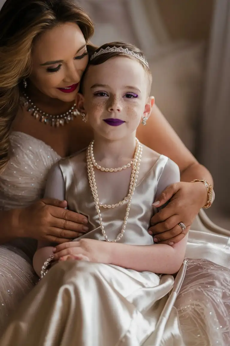 ((Gender role reversal))), Digital photography, close-up of a sweet little 7-year-old boy with smooth white skin with freckles and dimples, cute smile, posh brown hair parted down the middle and combed to the sides shaved on the sides, he is wearing a silk white gown and a pearl necklace, a diadem on his forehead, purple lipstick, earrings, red eyeliner, he is sitting on his mummy’s lap, she is giving him a hug, perfect