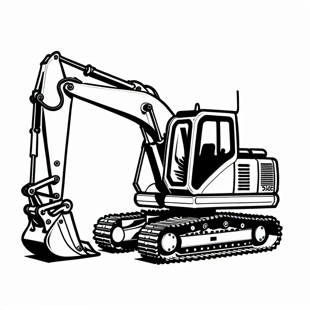 Excavator , Coloring Page, black and white, line art, white background, Simplicity, Ample White Space. The background of the coloring page is plain white to make it easy for young children to color within the lines. The outlines of all the subjects are easy to distinguish, making it simple for kids to color without too much difficulty