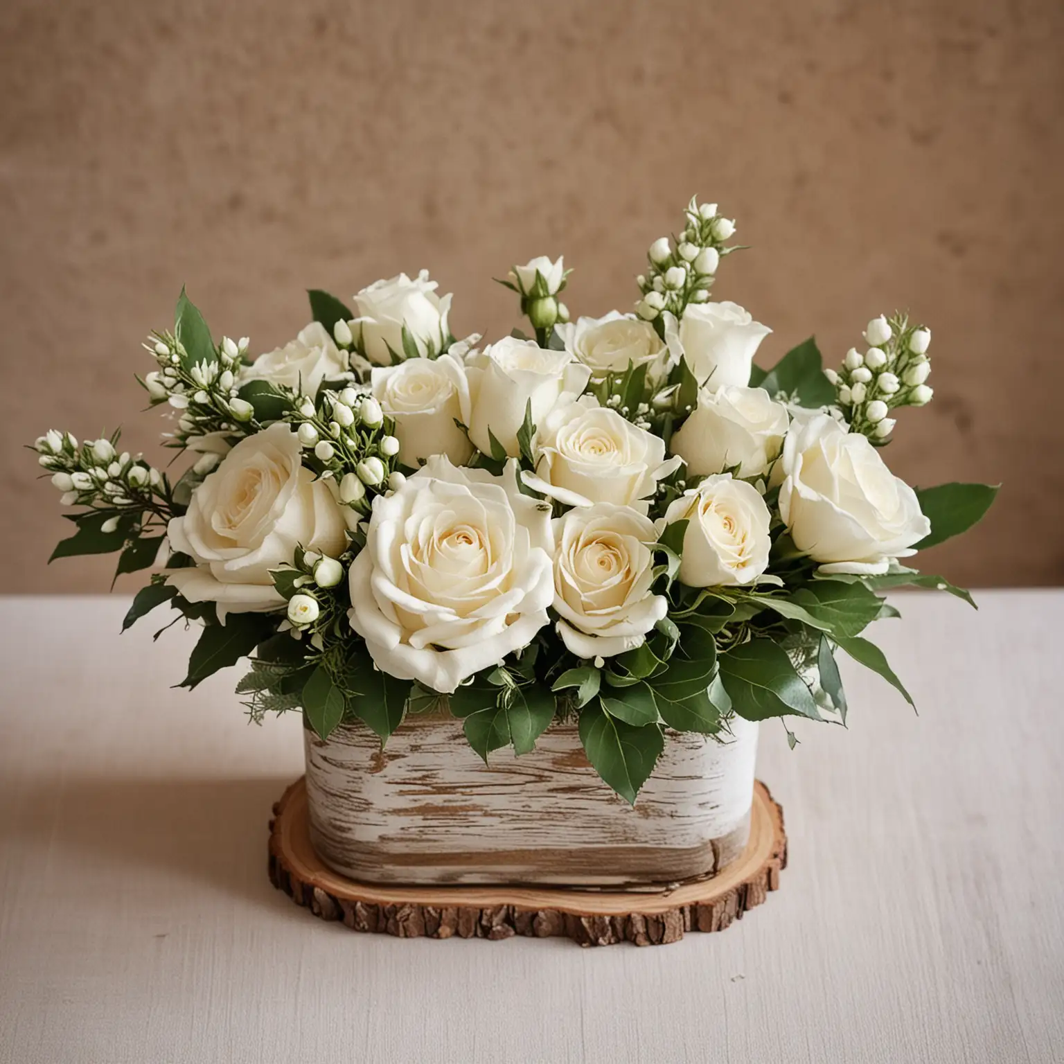 simple and small rustic white winter wedding centerpiece with blossoms a few white roses; make the background neutral