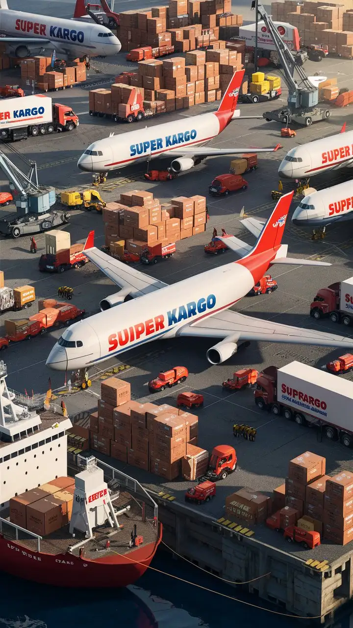 Logistics planes, ships and trucks have "SUPER KARGO" written on them and there are cargo boxes with "SUPER KARGO" written around them.