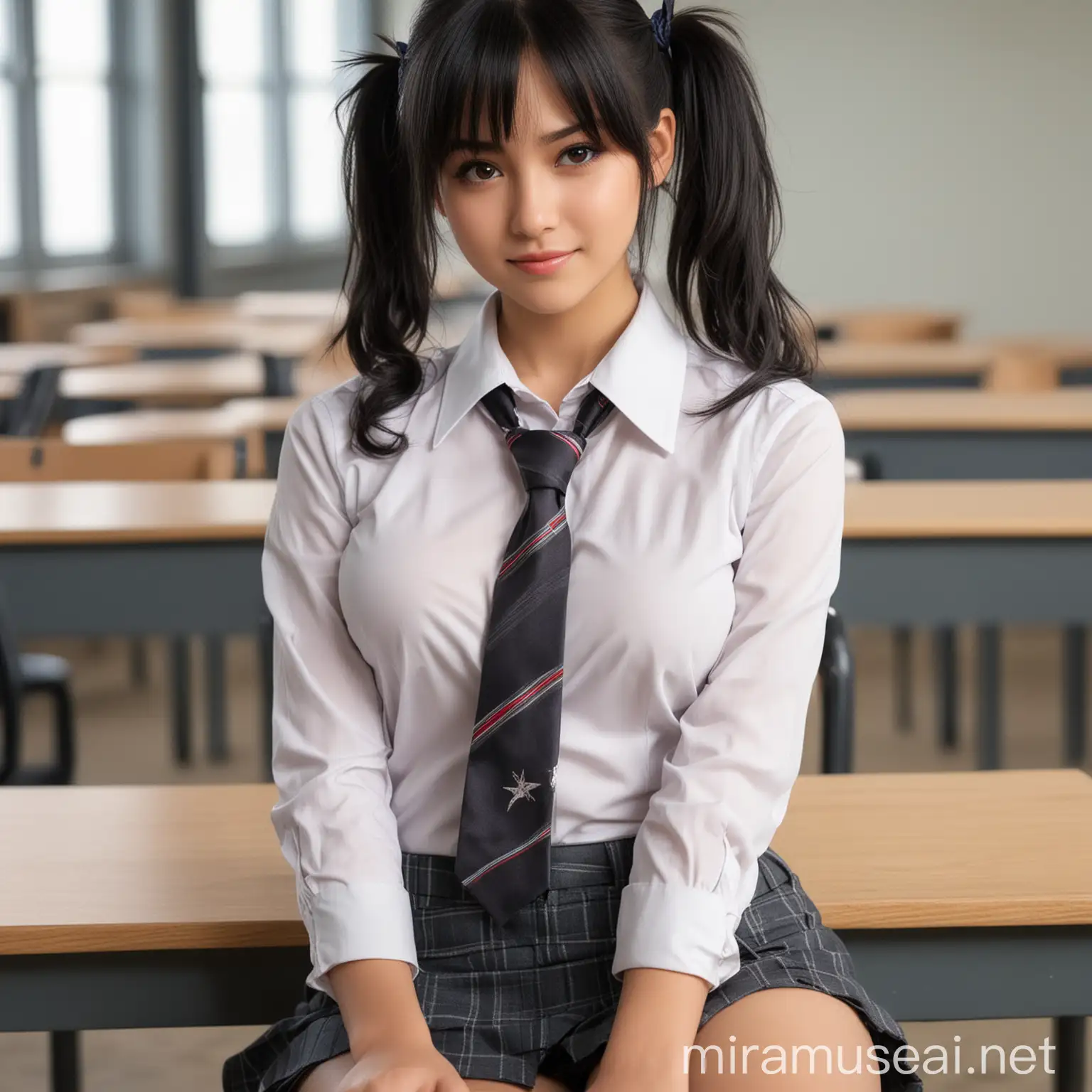 cleavage, white shirt, grey necktie ,8k, RAW photo, best quality, masterpiece:1.2), ultra detailed, ultra high res,at school,medium breasts,((twin tails,black hair)),(cowboy shot), (at classroom), 5_fignered, seductive_pose, smilling, sexy eyes,cleavage, spread legs, sitting,