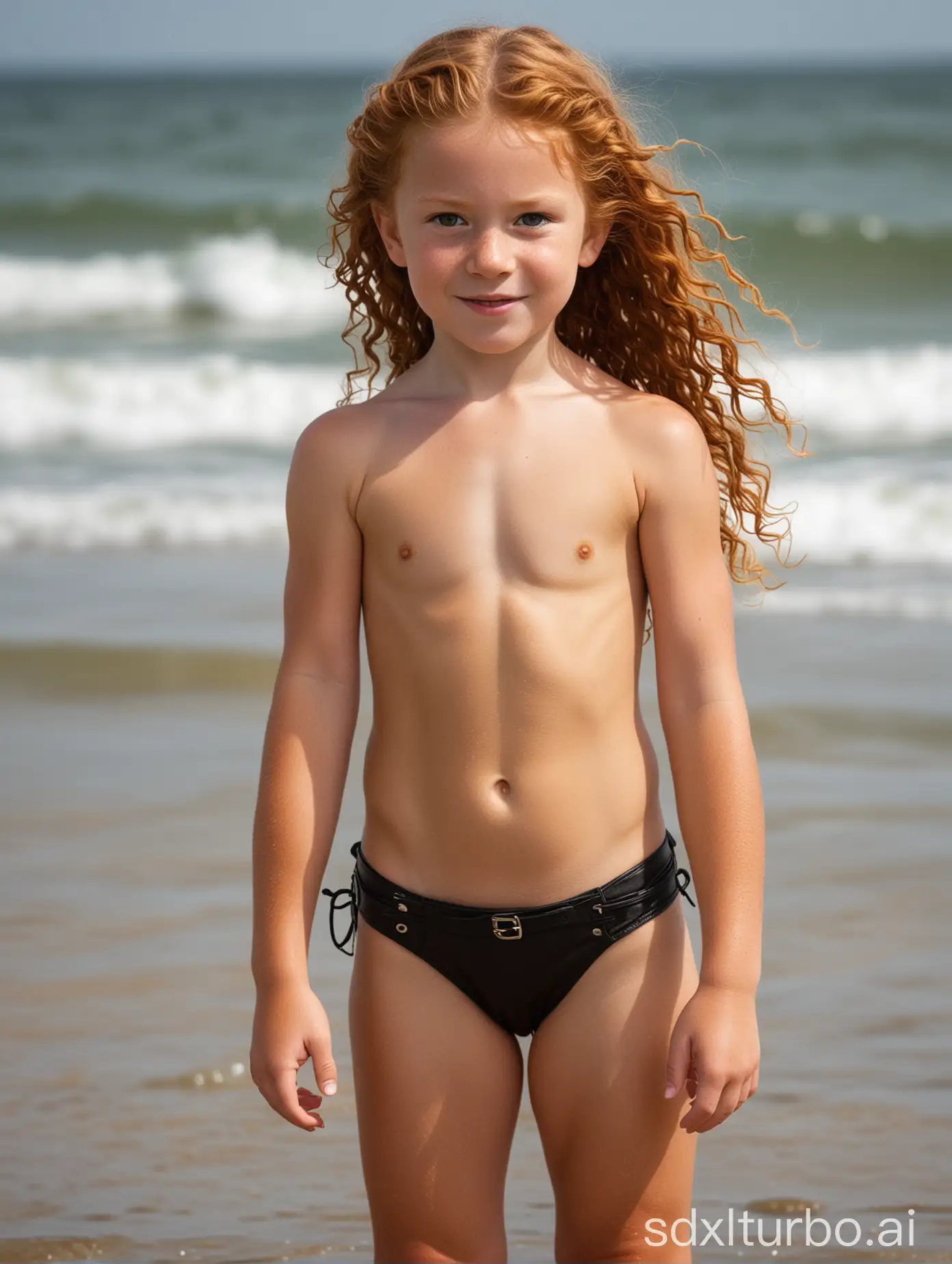 Muscular-Viking-Girl-in-Leather-Bathing-Suit-on-Beach