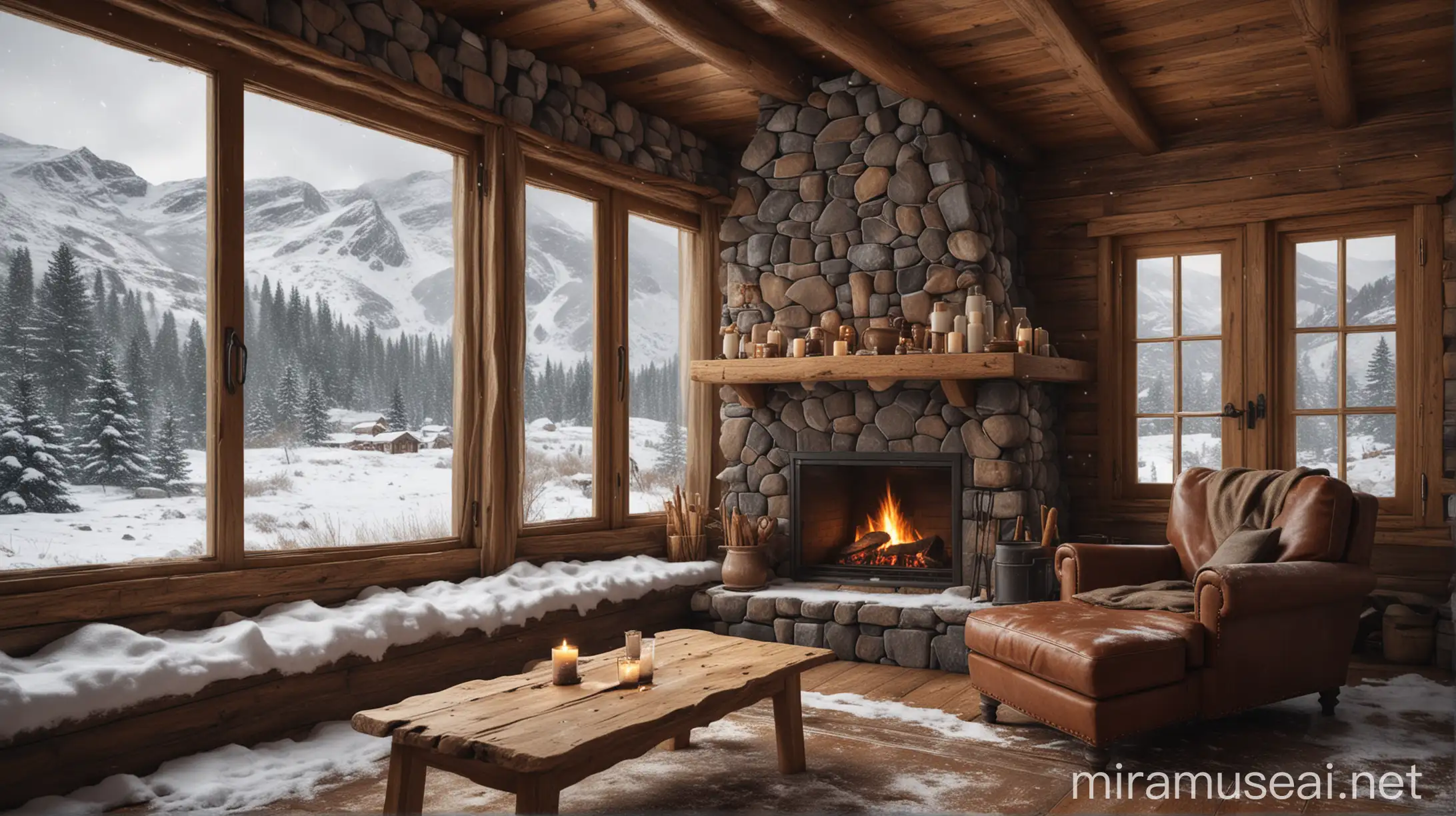 Cozy Cabin in Snowy Mountains with Fireplace and Candlelight