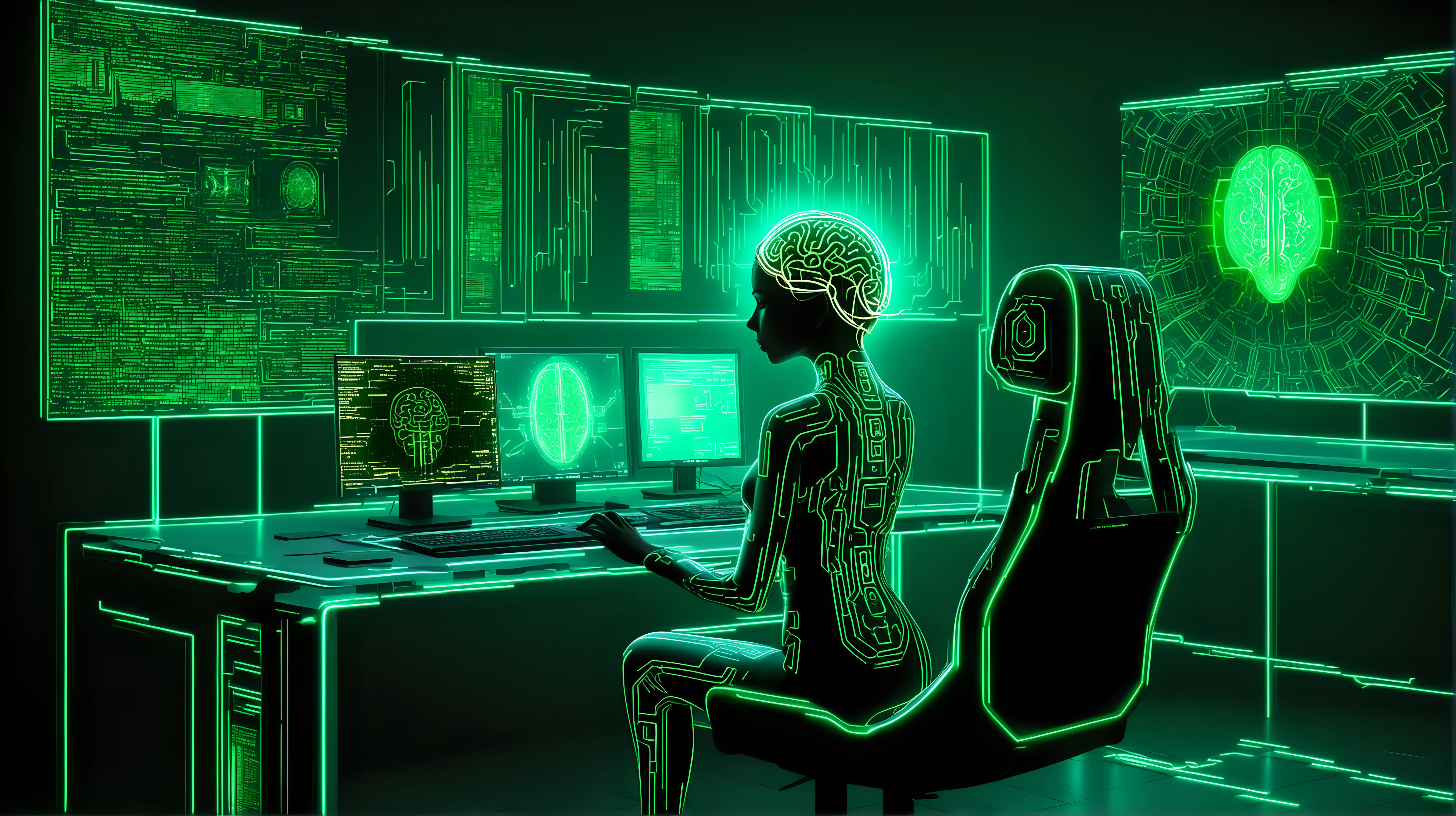 /imagine prompt: Futuristic brain-computer interface (BCI) device, hyper-realistic details, intricate neural connections, advanced technology, human head interface, An elegant woman hacker character in green matrix-like code, working on the computer, brain neural network visualization, sitting on a sleek chair, futuristic laboratory setting, electric neon colors, vivid and vibrant ambiance, translucent figures, digital interface, futuristic technology environment, data streams, glowing green lines, cyberpunk aesthetic, advanced computer graphics, examining brain data on a computer screen, digital illustration, high resolution, detailed and lifelike, neon lights casting a colorful glow, intricate patterns, high-tech concept, dark background, sci-fi style, detailed and immersive, luminous green hues, dynamic lighting effects.:: computer chip::3 electric arc::3 neon green color::3  --aspect 16:9 --version 6 --quality 1