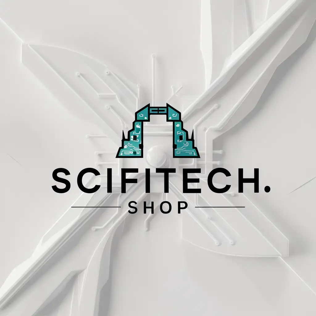 a logo design,with the text 'SciFiTech.shop', main symbol:logo for scifitech.shop a stargate and micro electronics website,Minimalistic,be used in Technology industry,clear background add more circuitry, make the background white.