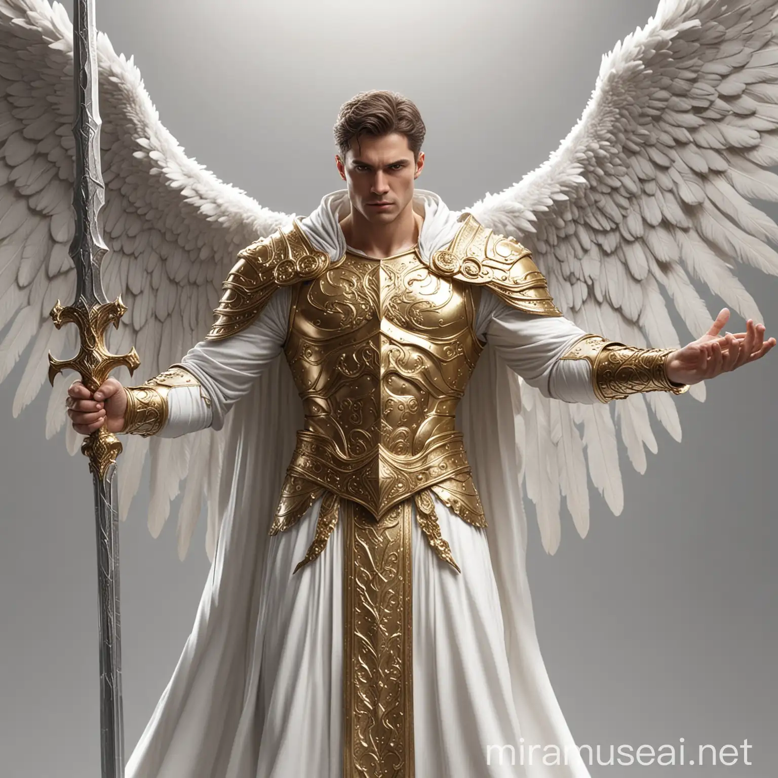 男性天使，六个白色翅膀，头顶白色披风，身穿金色盔甲，两手紧握同一把白银巨剑，正面，全身，中景。4K清晰度，