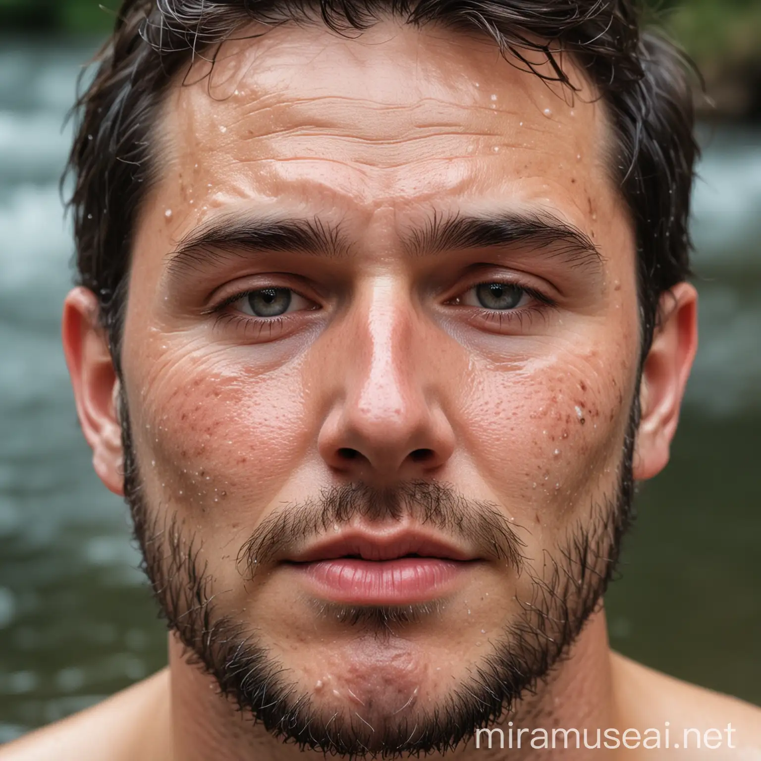 Close-up portrait of a man with a river running down his cheeks