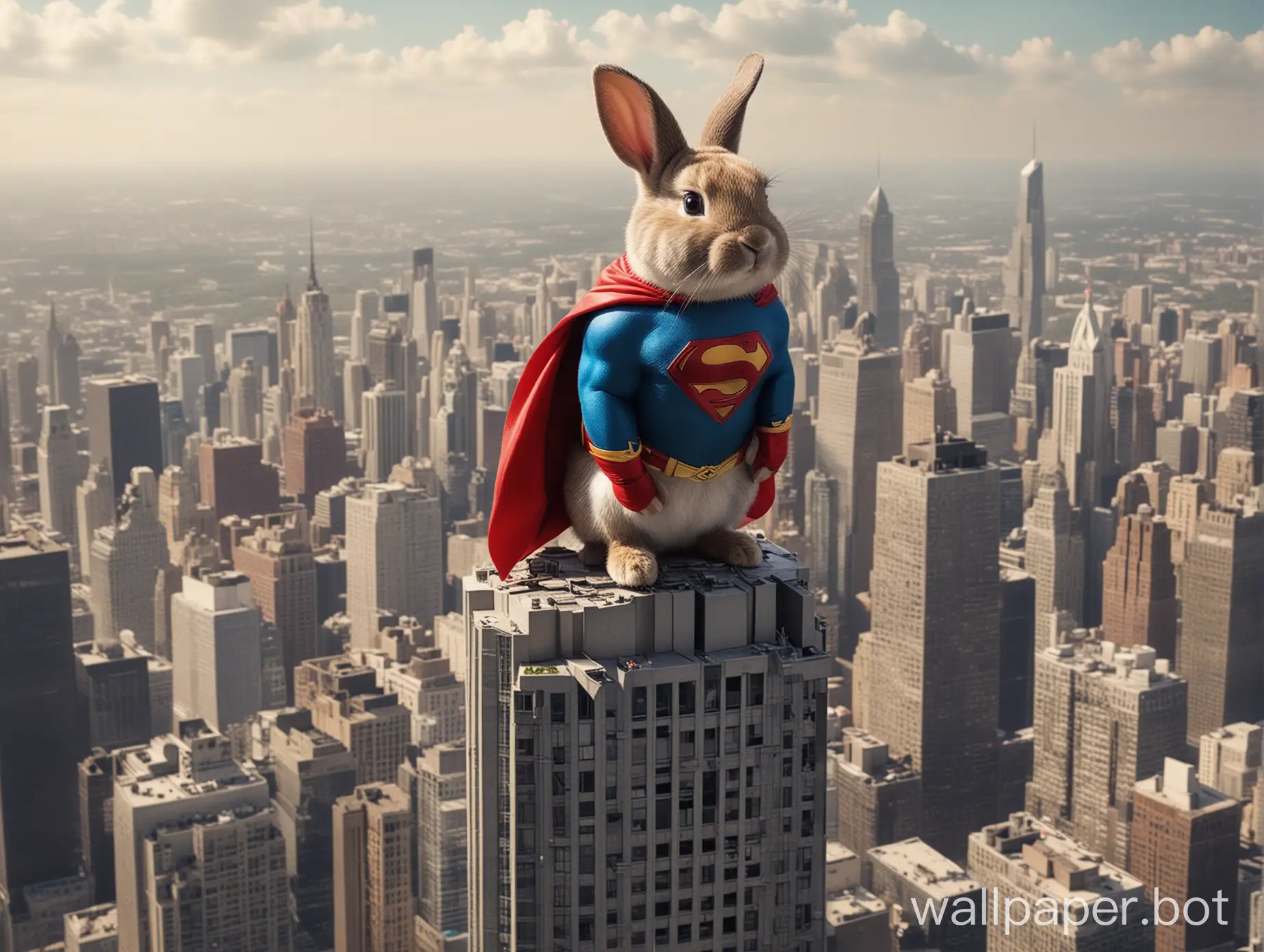 a superhero bunny on top of skyscraper