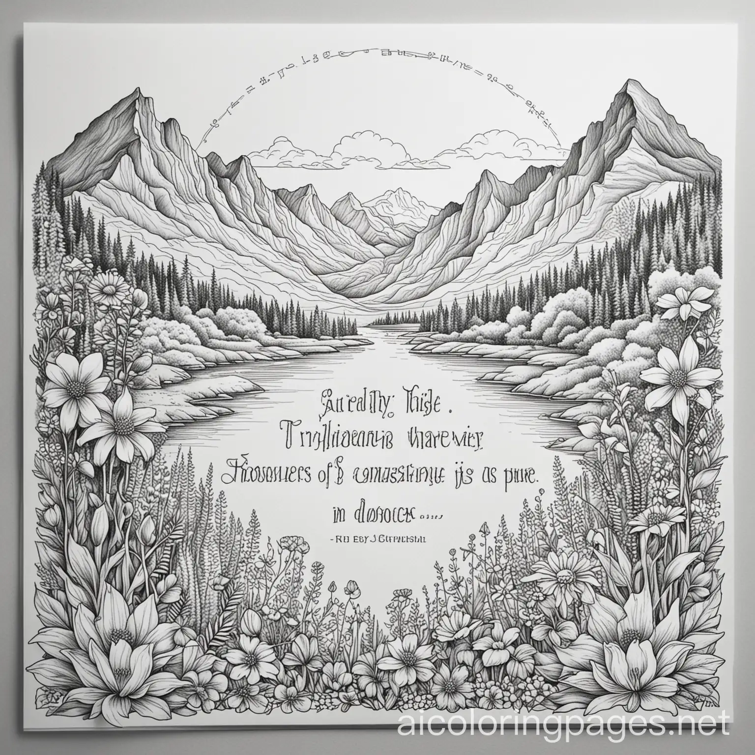 Generate a coloring page with this text inside: "Enfin, frères et sœurs, portez vos pensées sur tout ce qui est vrai, tout ce qui est honorable, tout ce qui est juste, tout ce qui est pur, tout ce qui est digne d'être aimé, tout ce qui mérite l'approbation, ce qui est synonyme de qualité morale et ce qui est digne de louange. Philippiens 4:8" surrounded by mountains and flowers , Coloring Page, black and white, line art, white background, Simplicity, Ample White Space. The background of the coloring page is plain white to make it easy for young children to color within the lines. The outlines of all the subjects are easy to distinguish, making it simple for kids to color without too much difficulty