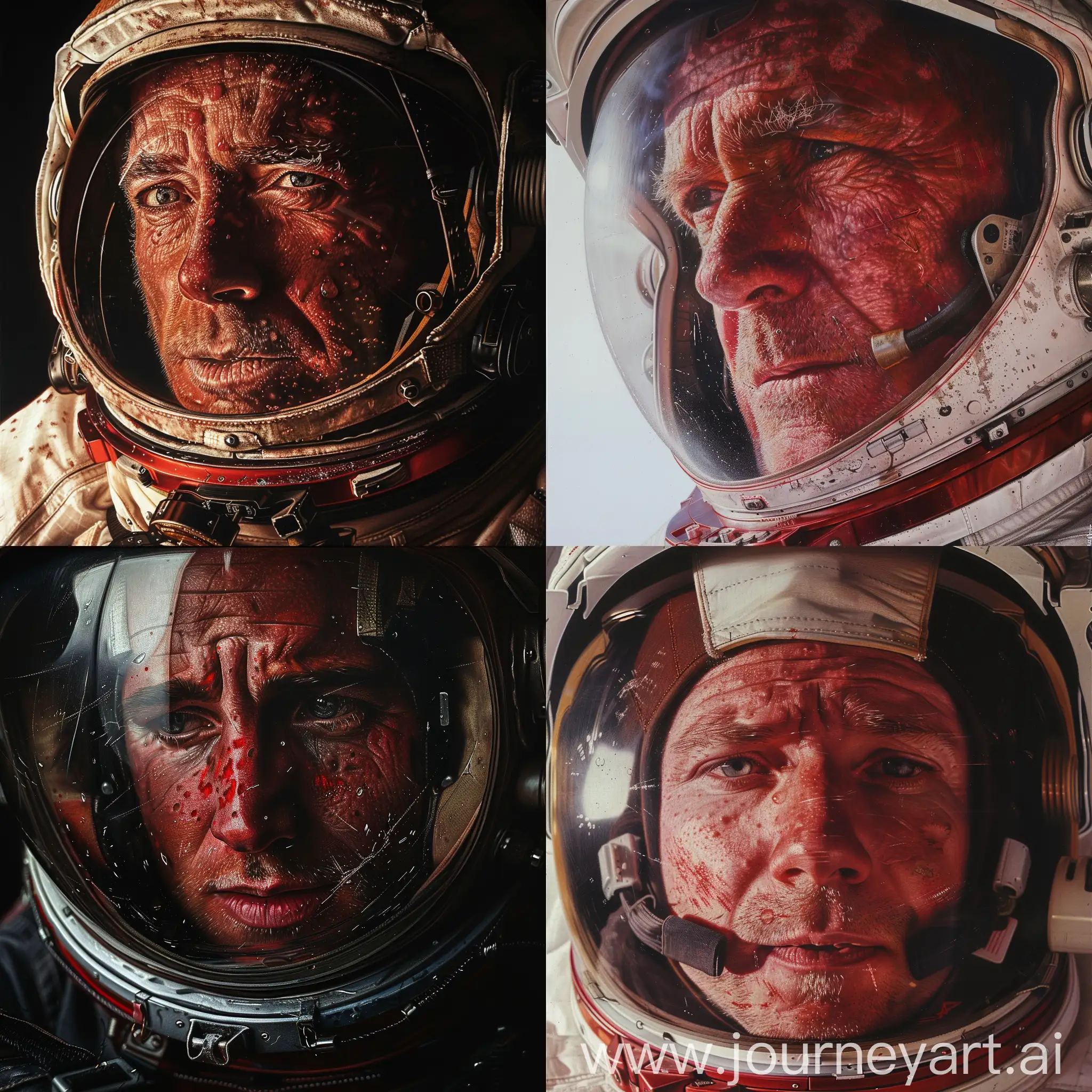 portrait of an man, astronaut in a helmet, face red, rough and with small wrinkles, photorealism, photography. drawing details