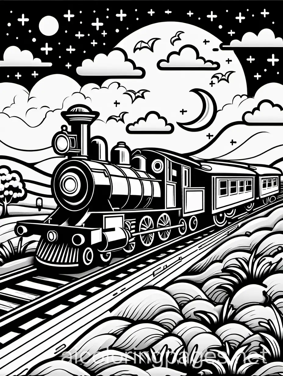 Spooky-Ghost-Train-Flying-Over-Farmhouse-Coloring-Page