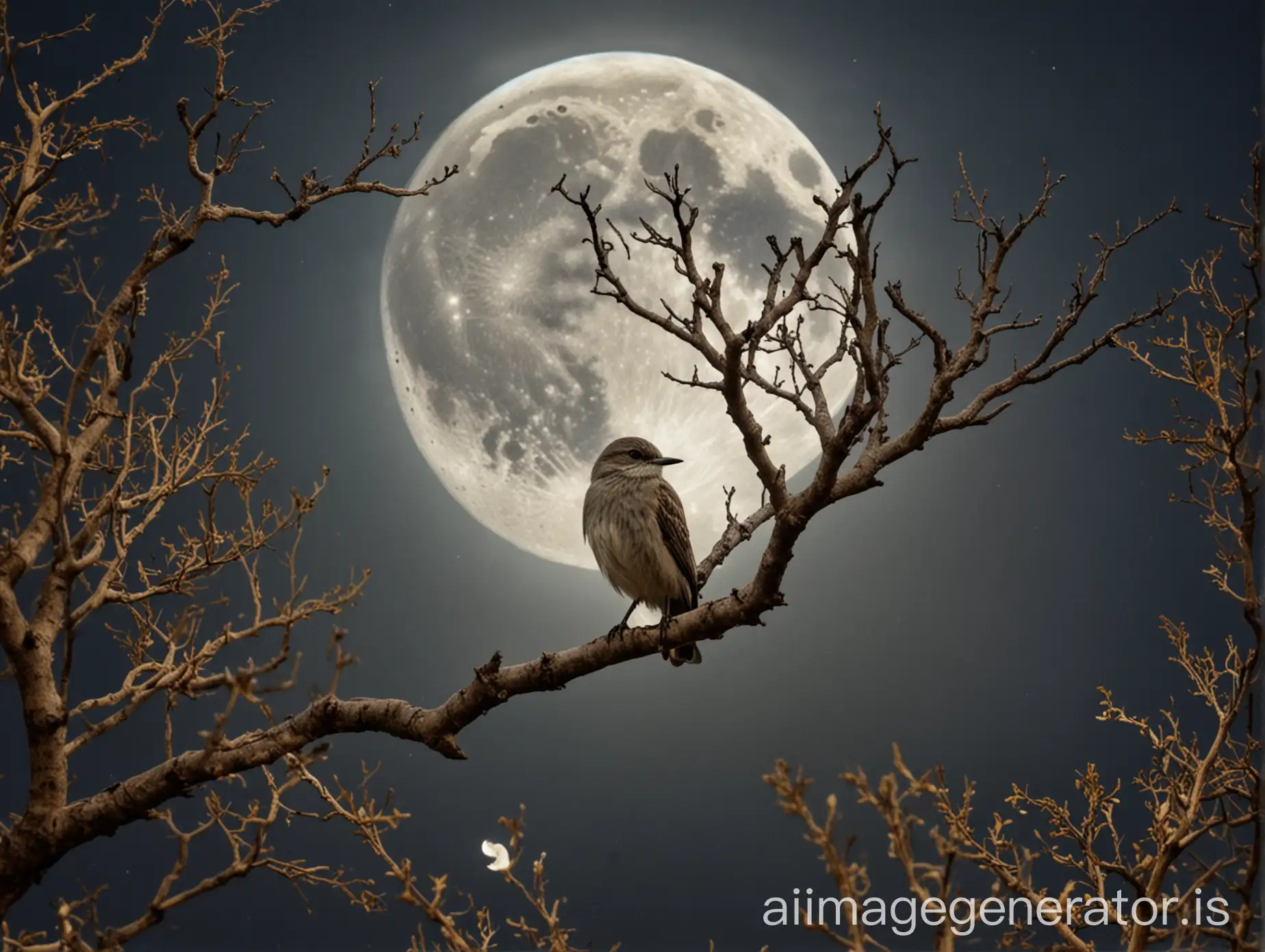 A beautiful bird sitting on the branch of tree in background mesmerising full moon, beautiful night