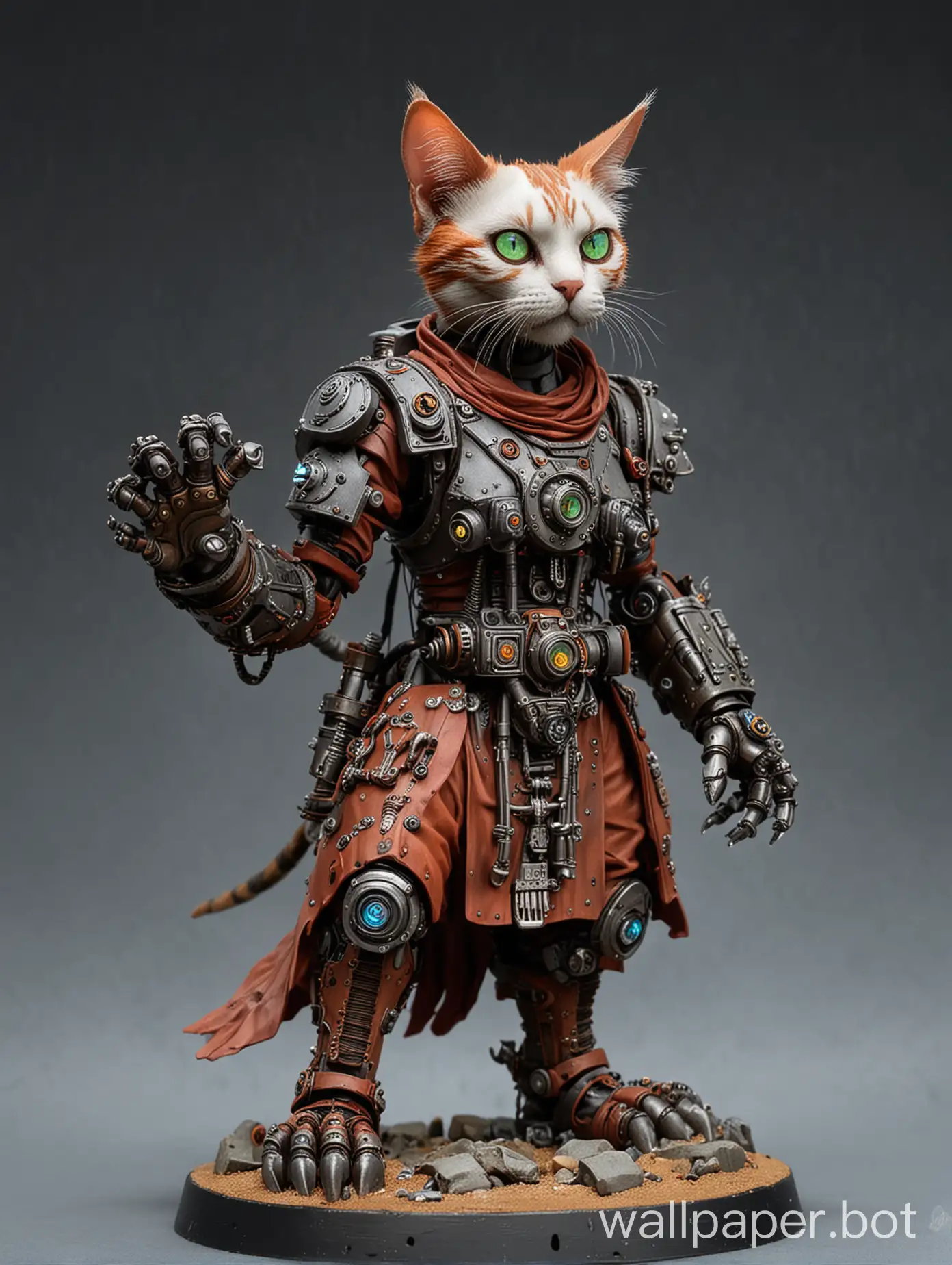 Warhammer 40 cat adeptus mechanicus tech priest with paws and glowing cybernetic eyes, happy, robot eyes