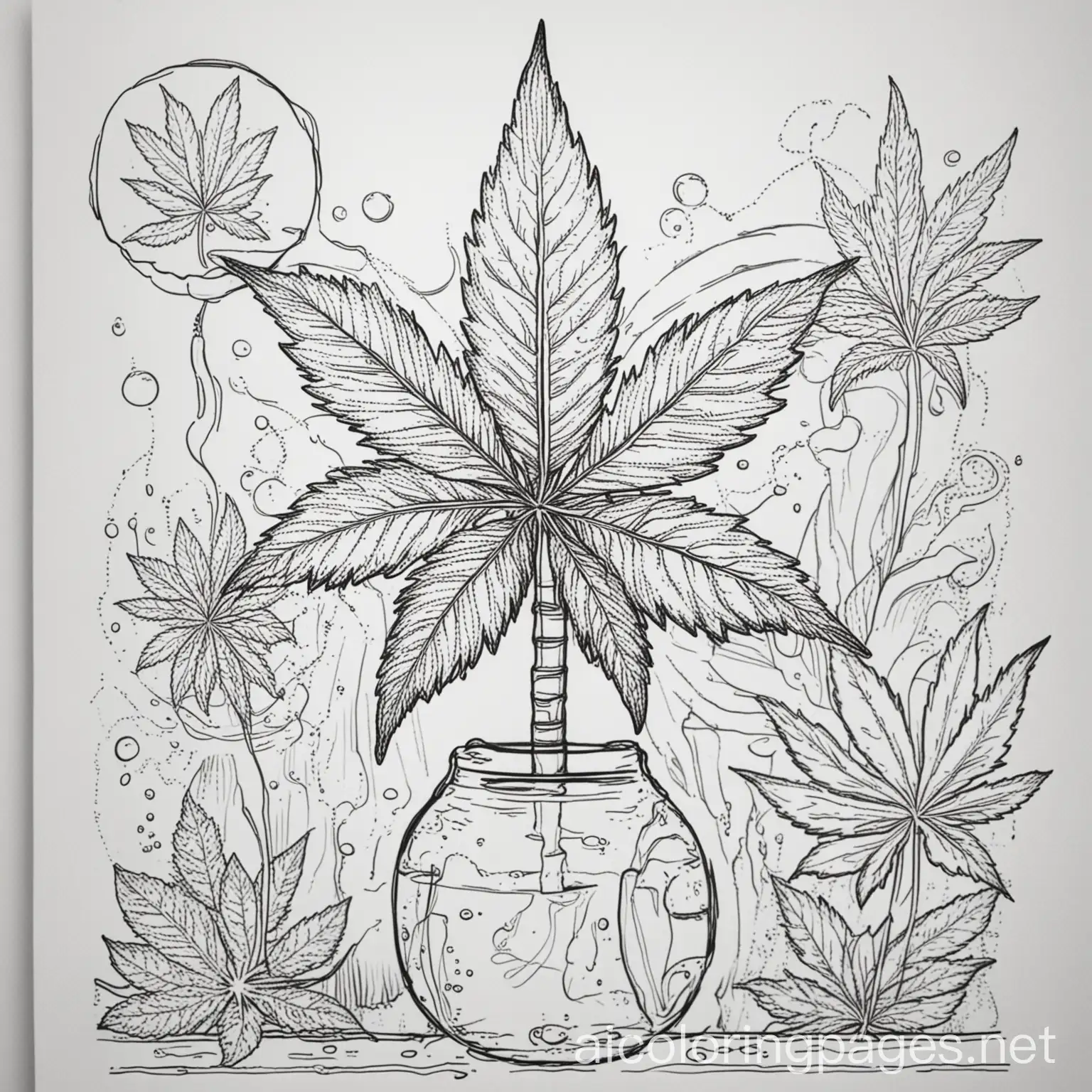 Sketch 420 weed cannabis bong friendly coloring page, Coloring Page, black and white, line art, white background, Simplicity, Ample White Space. The background of the coloring page is plain white to make it easy for young children to color within the lines. The outlines of all the subjects are easy to distinguish, making it simple for kids to color without too much difficulty
