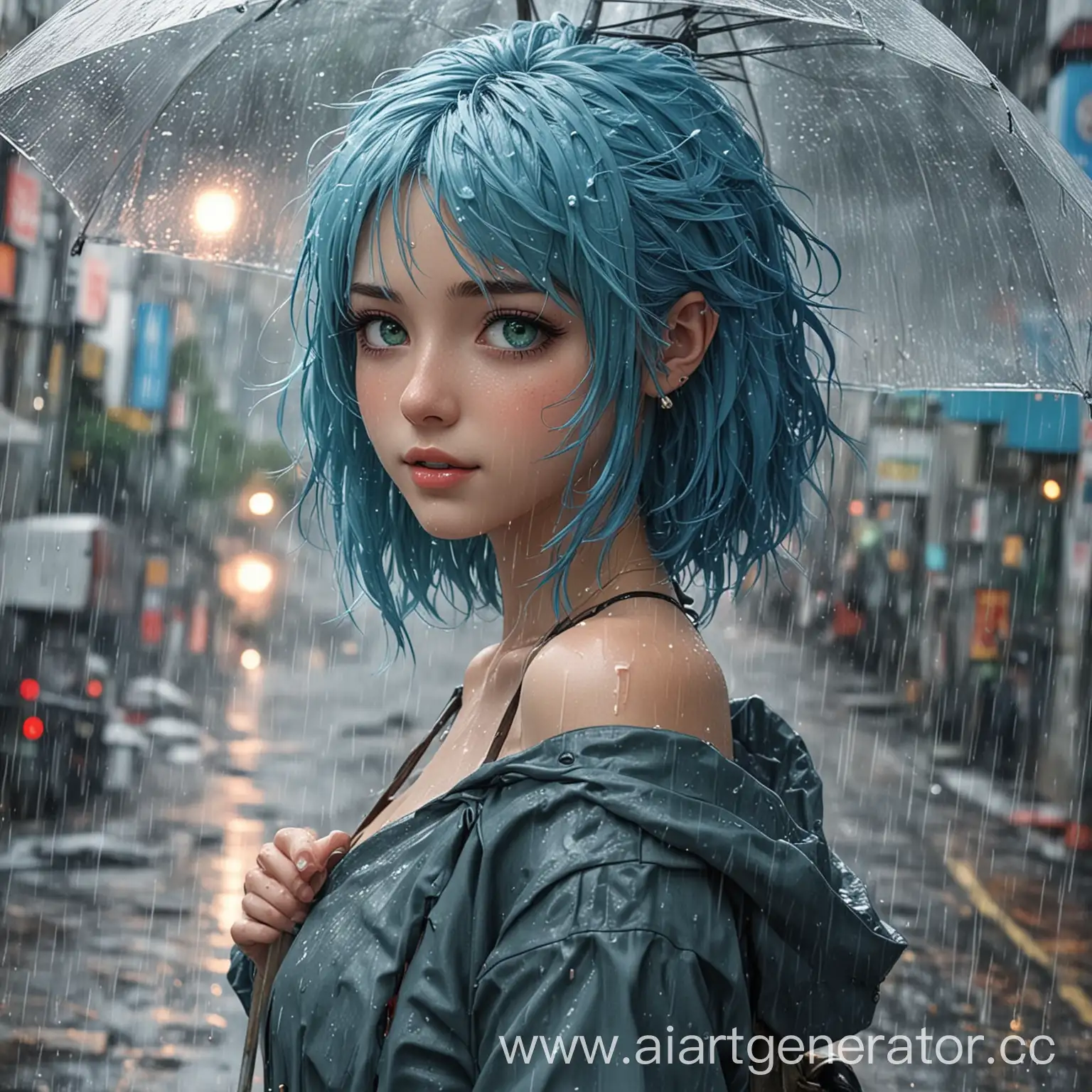 Аниме девушка с голубыми волосами и зелеными глазами идет дождь сзади девушки очень красивый токио 
