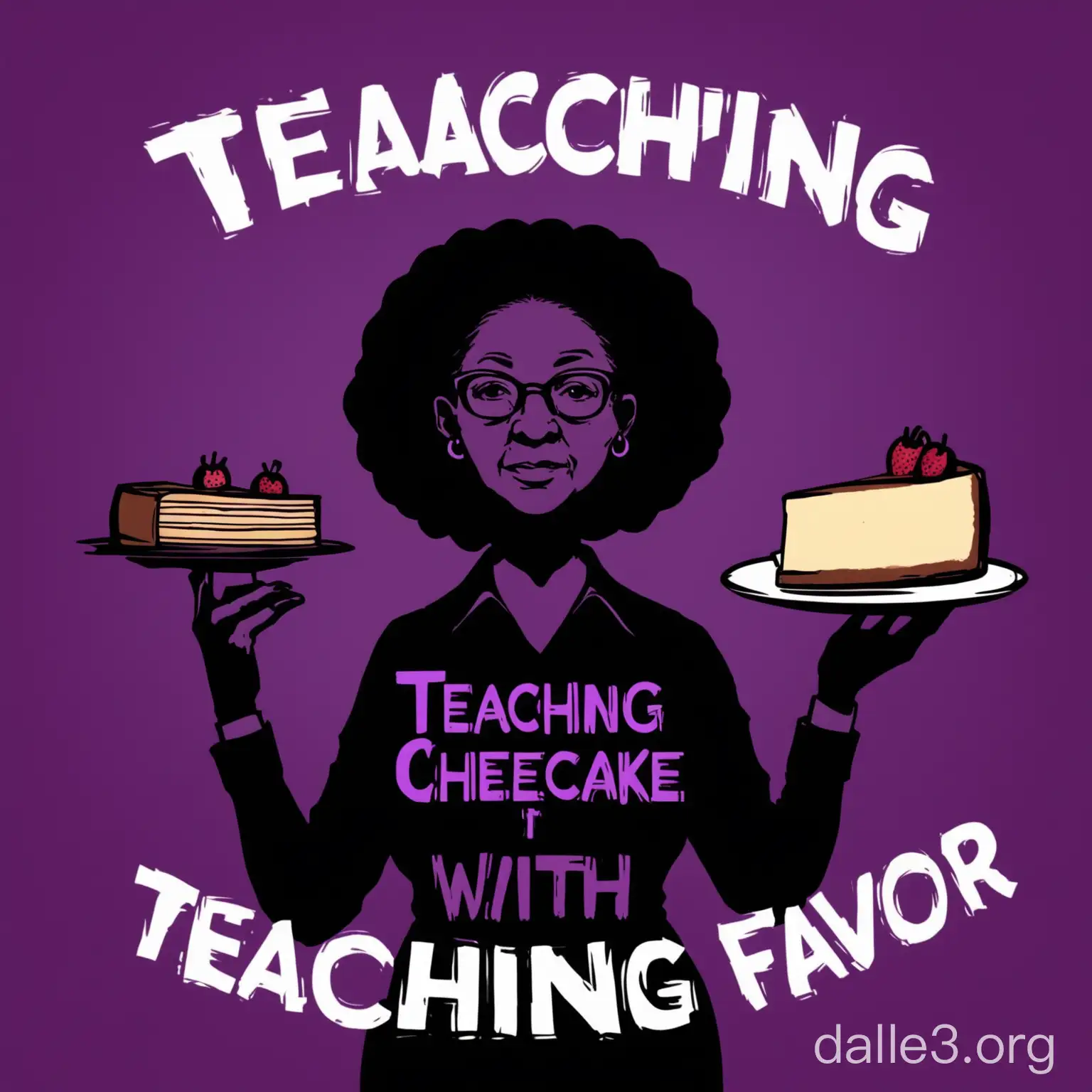 Create a black shirt with a vibrant purple silhouette of an 60 year old African American teacher with sister locks hair holding a slice of cheesecake in one hand and a book in the other hand. Underneath, the image make it say could "Teaching with Flavor".