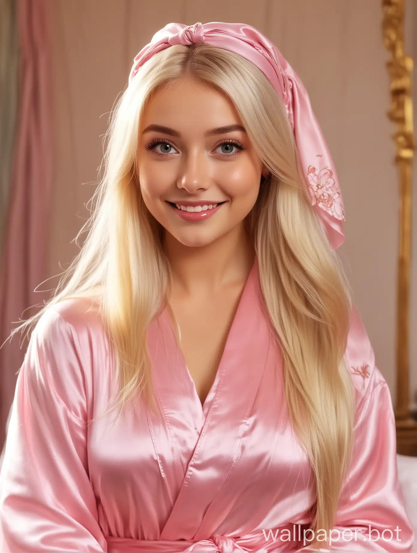 Realistic Russian Sweet Sunny Disney Cutie Angel Sister Alyonushka with long straight silky hair Smiling in Pink Silk Robe with silk headscarf