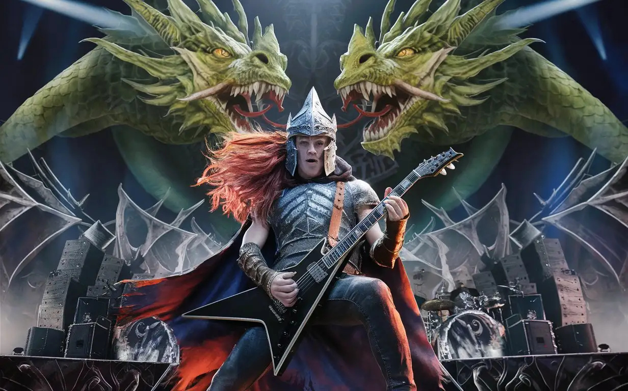 Epic-Black-Metal-Concert-RedHaired-Guitarist-in-Knight-Helmet-Faces-Green-Dragon