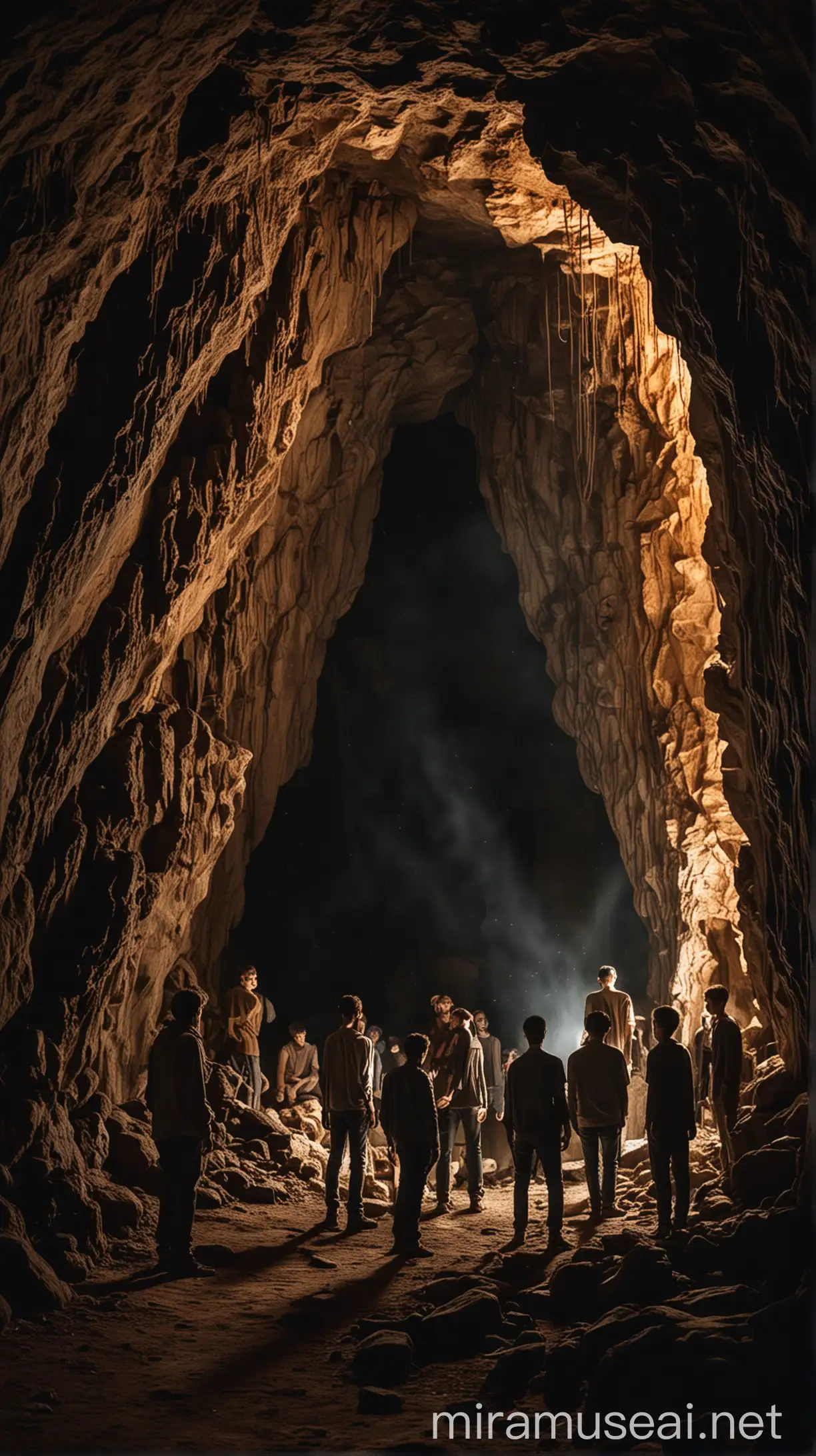 Seven young men standing at the entrance of the cave, depicting the mysterious atmosphere inside the dark cave.
