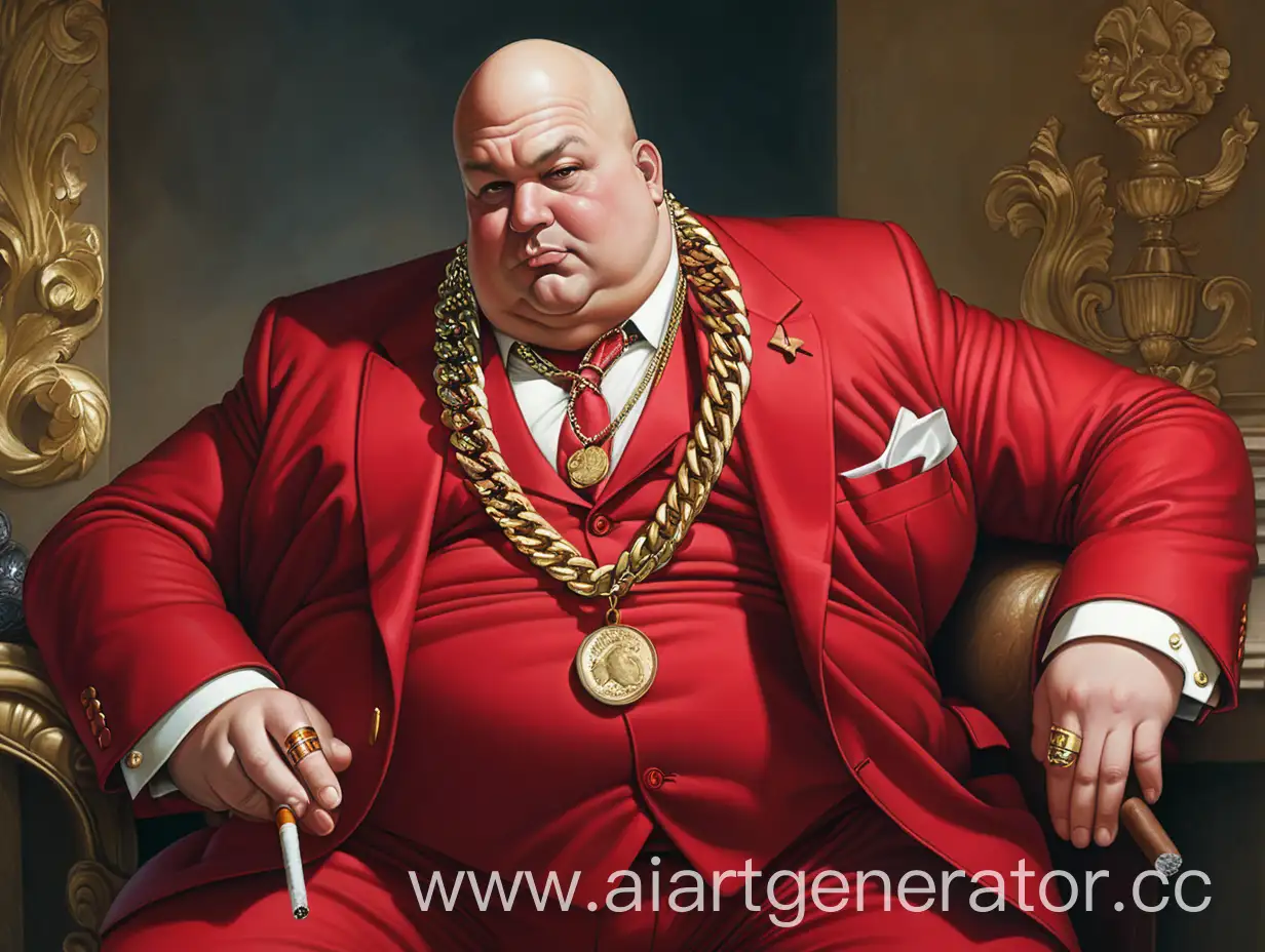 a bald fat man in a red jacket and a gold chain with a cigar