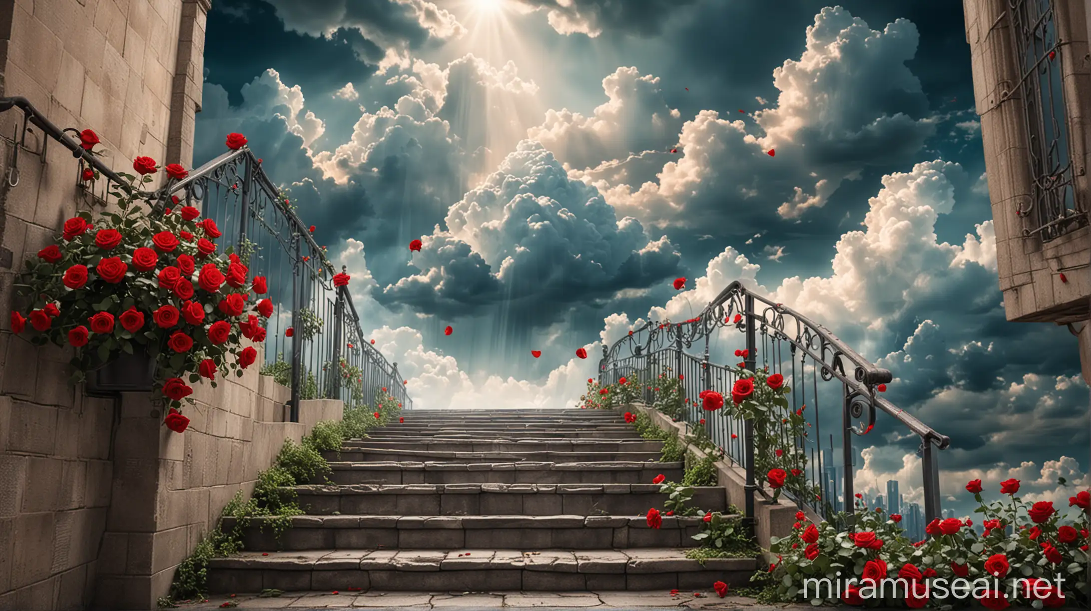 Stairwell to Heavenly City with Red Roses and Clouds