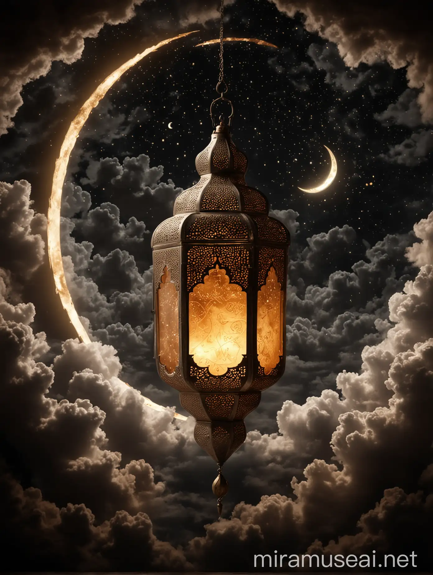 Thumbnail of A luminous Arabic lantern with a crescent inside it, with a dark background suggesting the holy month of Ramadan and some clouds.