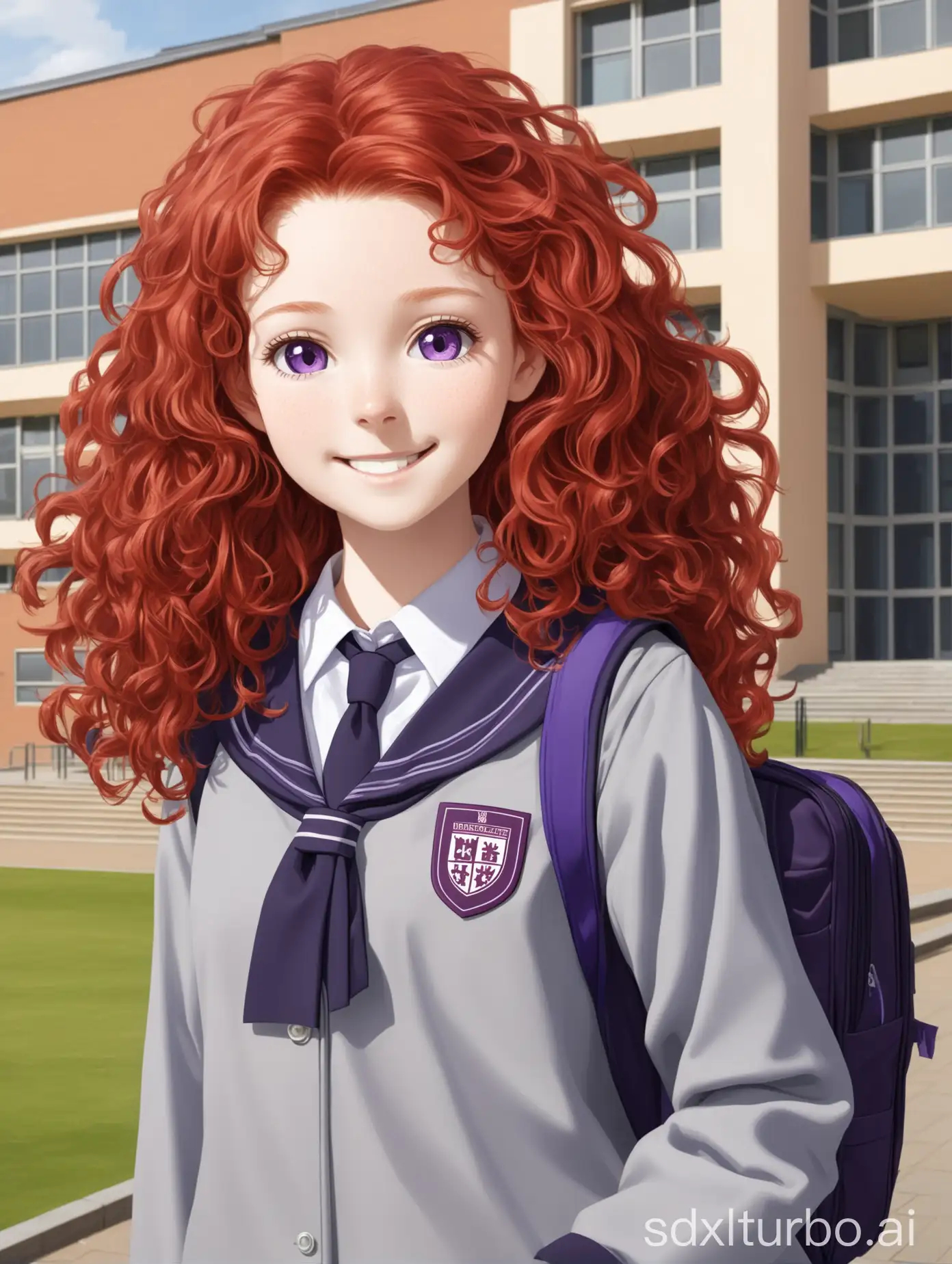 A redhead student girl, with frizzy hair, smiling, wearing a grey and purple university uniform, in front of a building facade