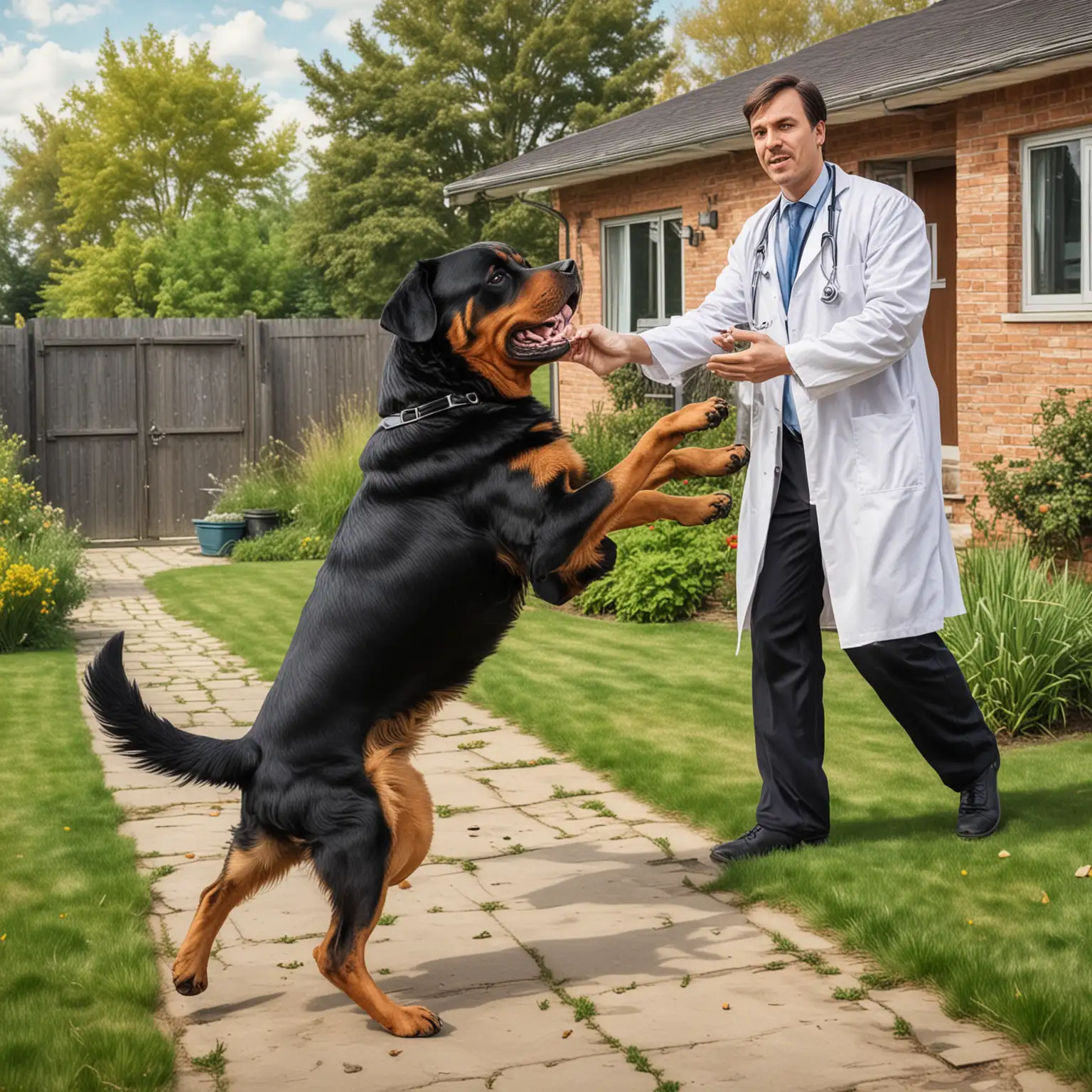 Rotweiler Dog Attacks Male Doctor in House Yard