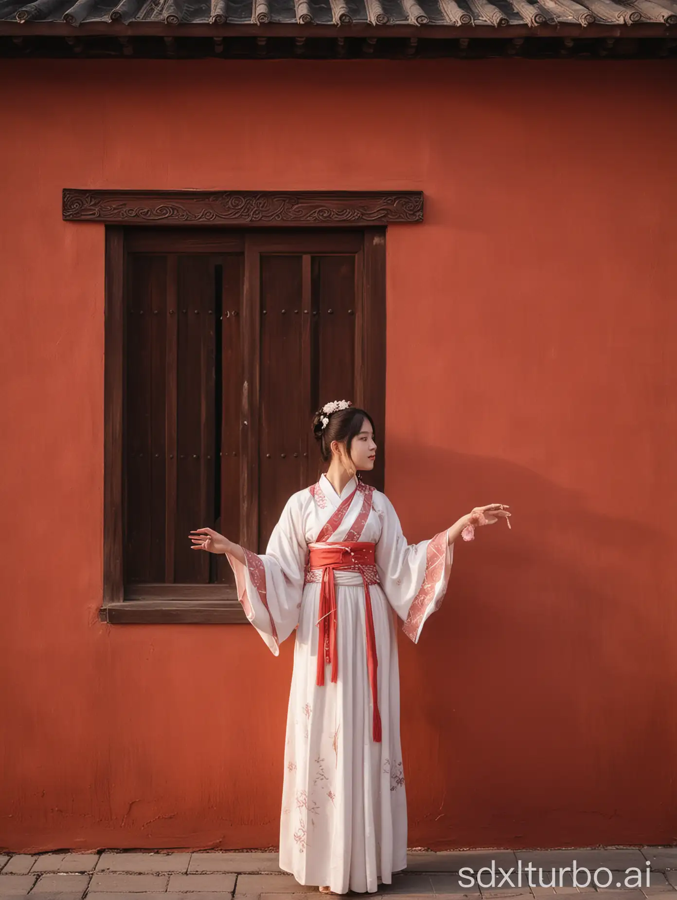 一个女孩，站在红墙前面拍照片，穿着汉服，夕阳西下的时候