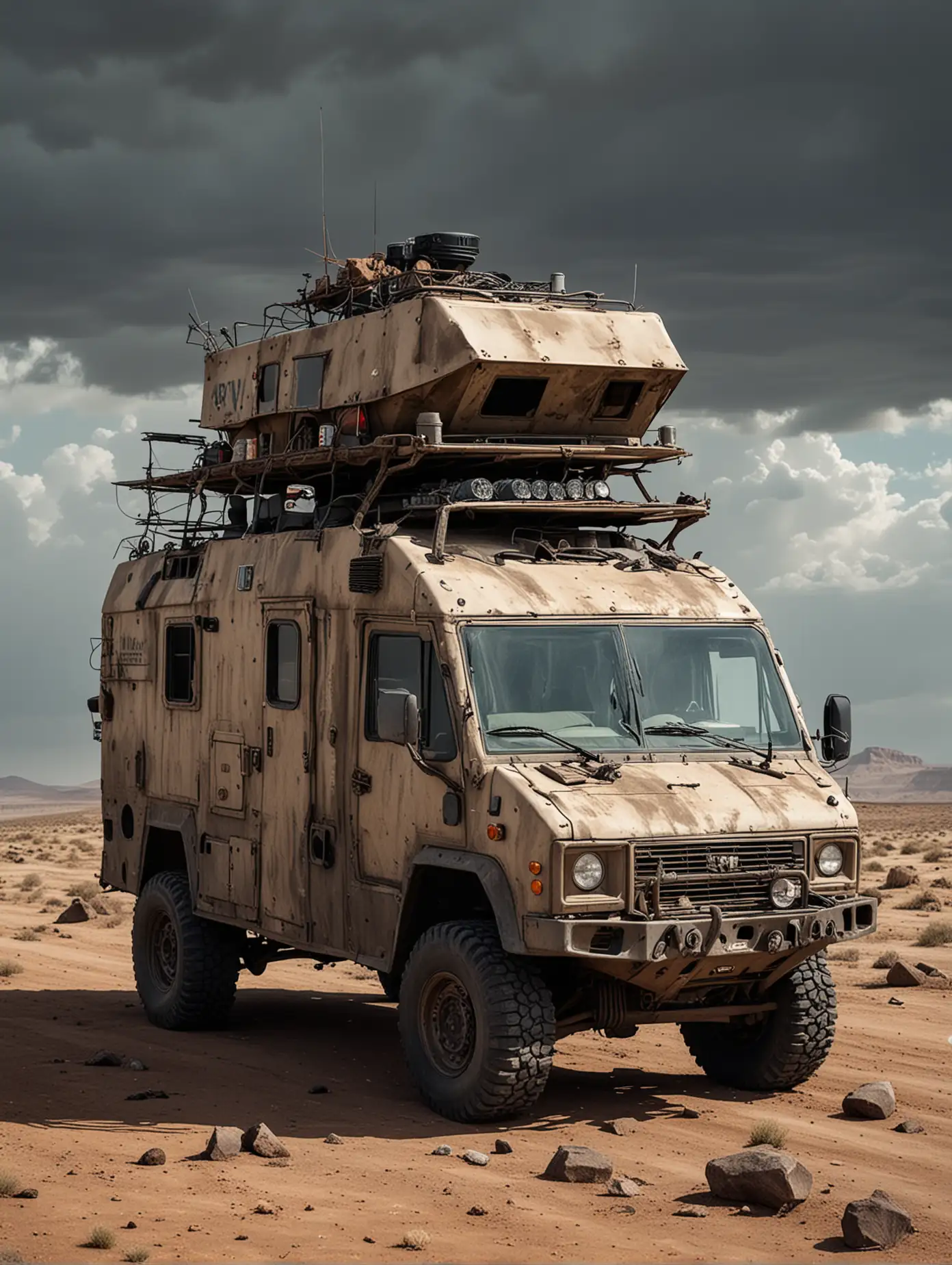 A post-apocalyptic survival RV with a radar on the roof. The vehicle is heavily modified with reinforced steel plates, barbed wire, and various weapons mounted on it. The RV is large and rugged, with large off-road tires, solar panels, and extra fuel tanks attached. The scene is set in a barren, desolate wasteland with a dark, cloudy sky. The RV has various survival gear visible, such as water canisters, storage boxes, and makeshift shelters attached to its sides.