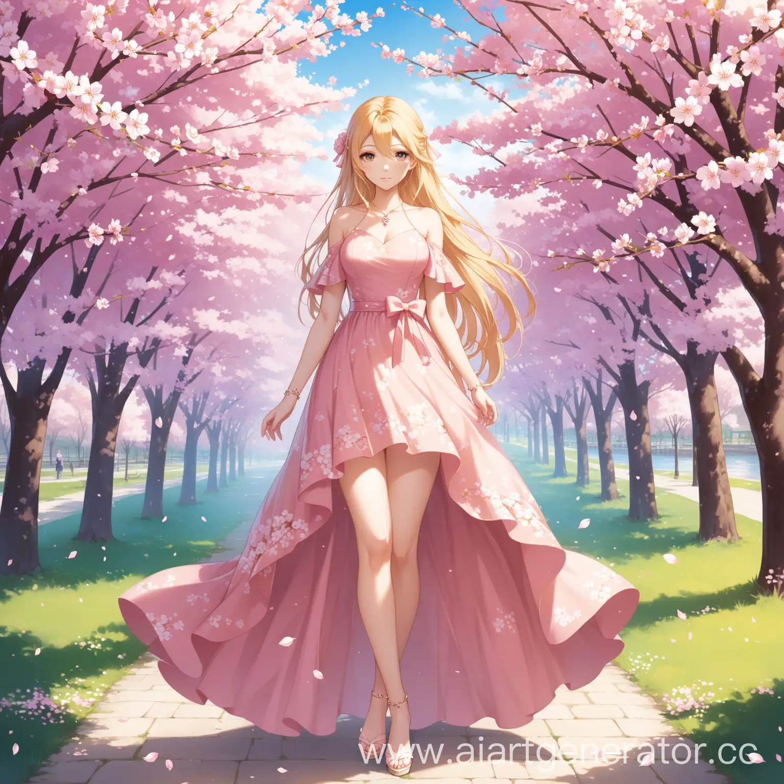 1girl, bare shoulders, blonde hair, dress, full body, cherry blossoms, outdoors, jewelry, long hair, looking at viewer, solo, standing