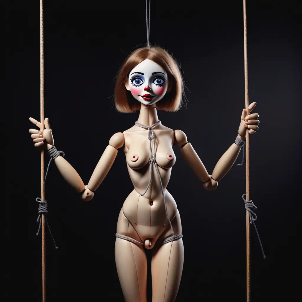 Обнаженная девушка в образе куклы марионетки ее руки ноги и голова привязаны нитками к крестовине. Кожа состоит из дерева
