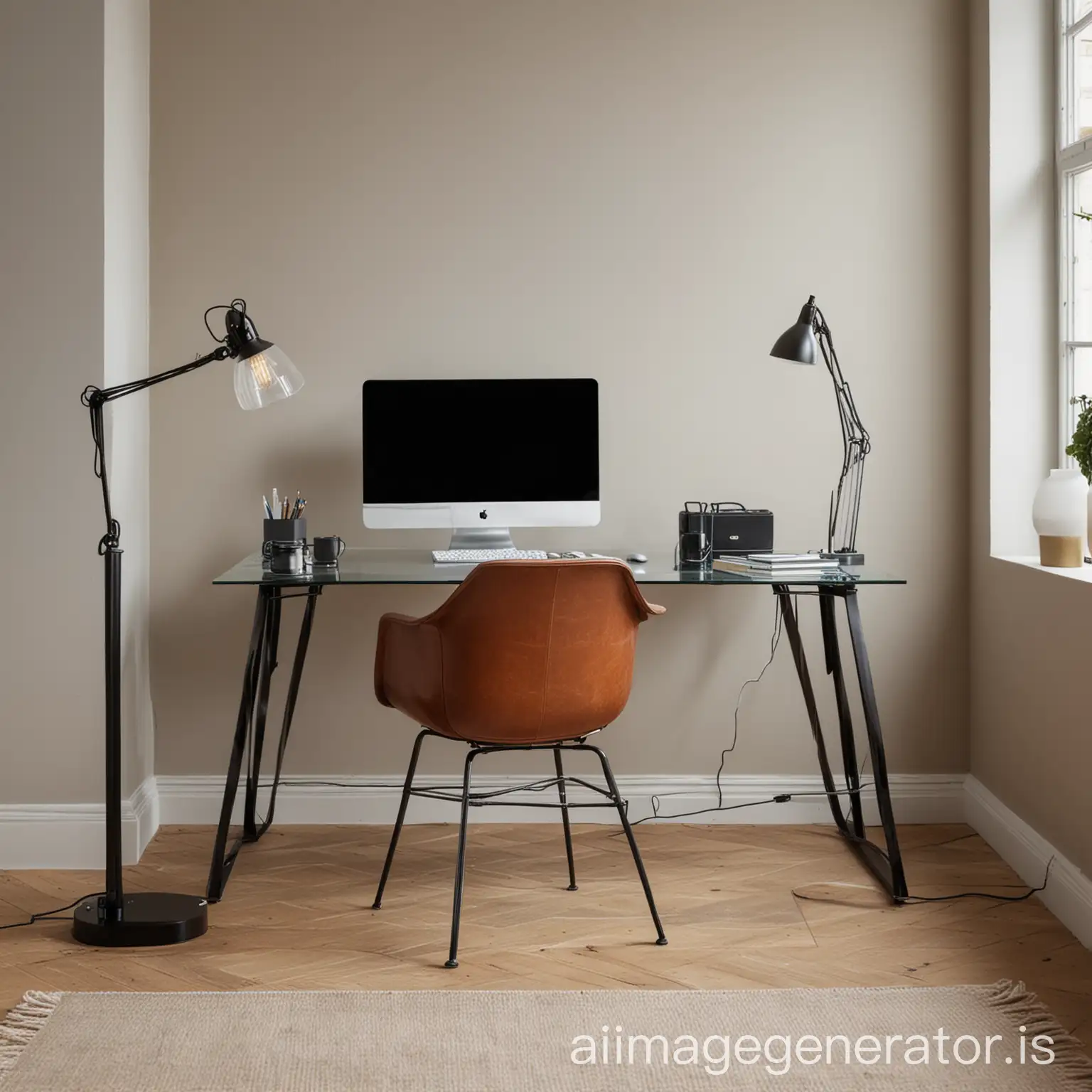 Glass home office desk with computer, standing lamp, leather chair to side against large blank wall
