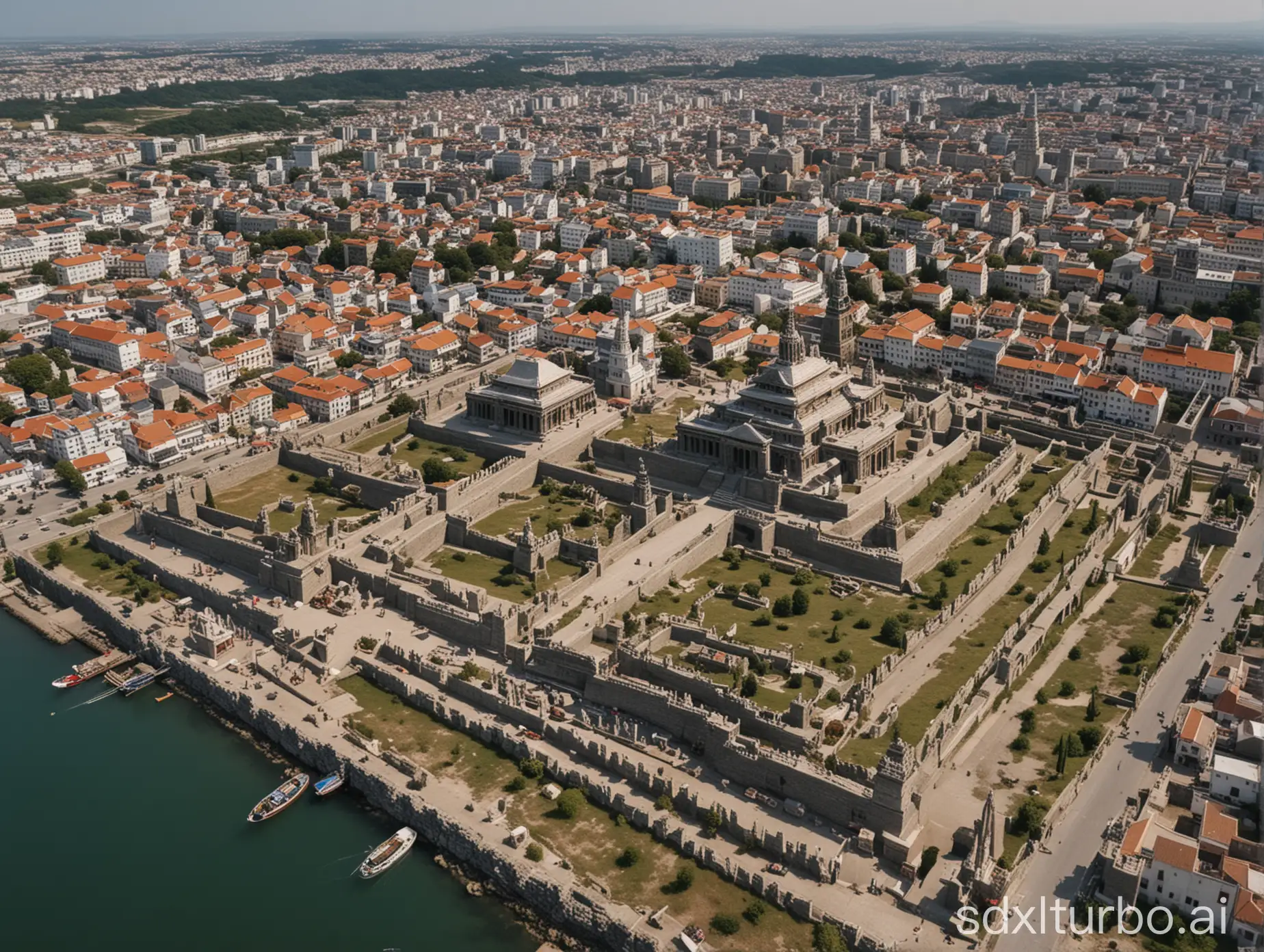 A  Temple complex in the Middle of a medival City just South of a Harbor, the Shot is far away from the temple, shot from a drone