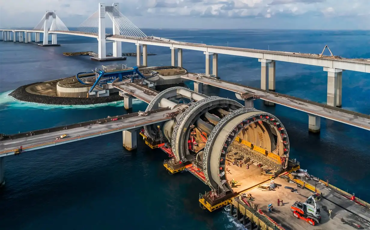 on-going construction of a real mega sea bridge on sea, with an artificial island and an undersea tunnel, the longest in the world, showcasing the under tunnel with advanced technology and machinery clear as day