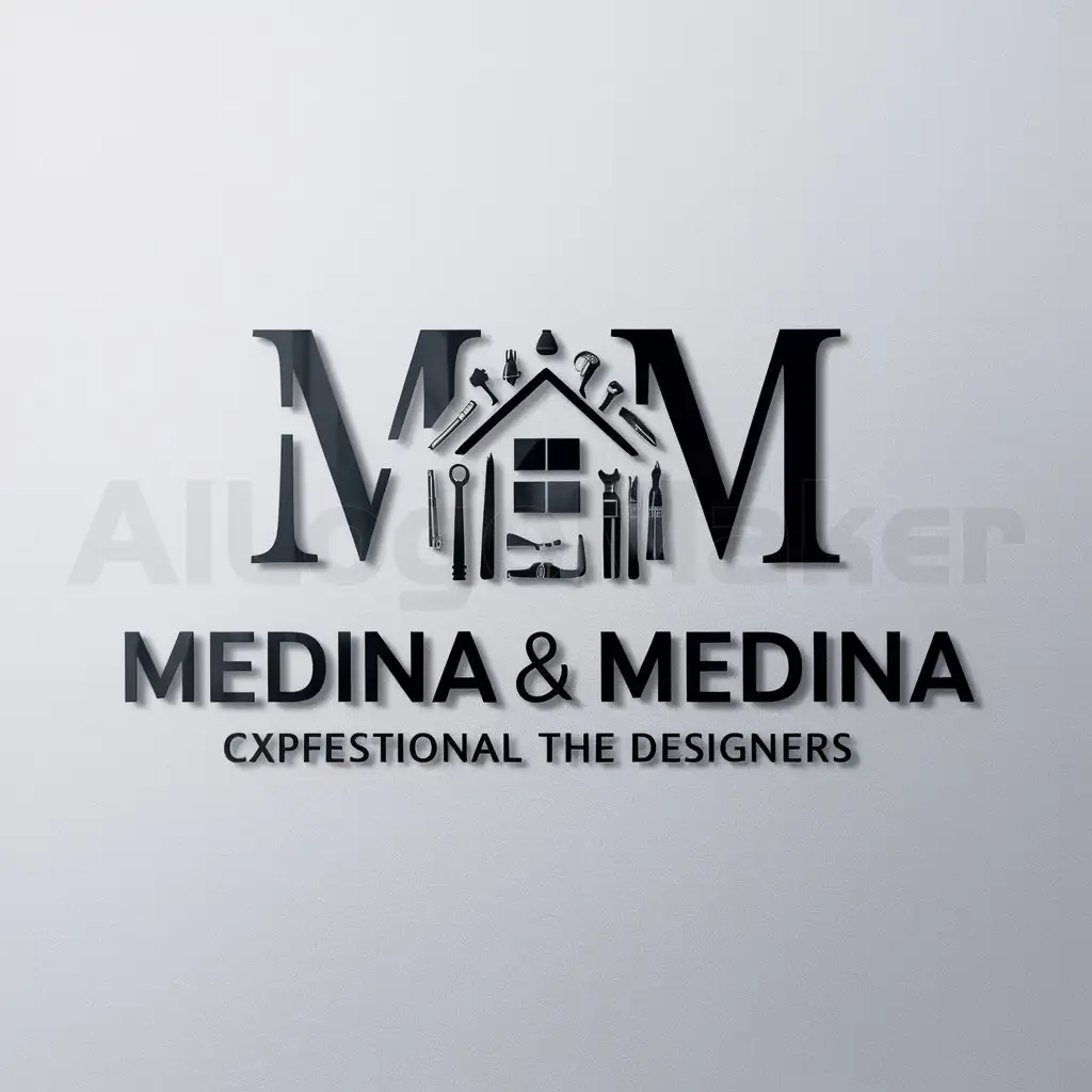 a logo design,with the text "medina & medina", main symbol:herramientas sobre una casa y dos letters m M&M,Moderate,clear background