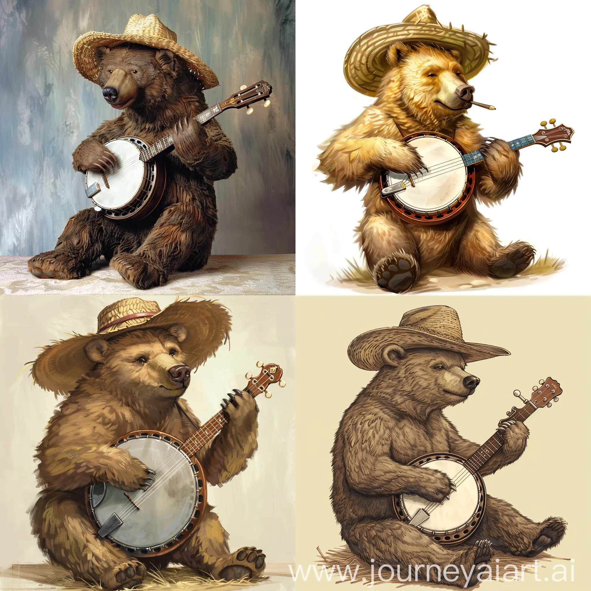 a country bear, playing a banjo, wearing a straw hat