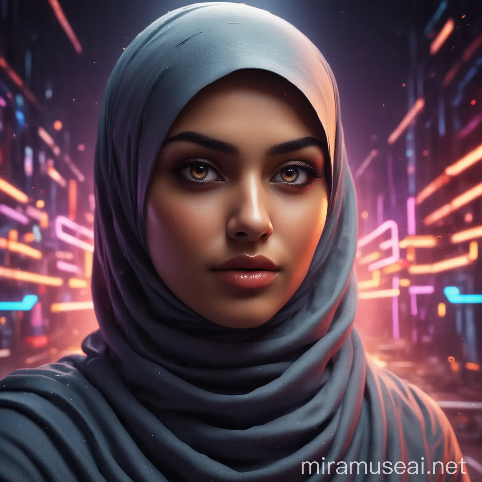 Create a hyper-realistic, 8K image of a woman wearing a hijab and niqab, ensuring only her eyes are visible. The image should capture intricate details, highlighting the texture and fabric of both the hijab,Illustrate an electrifying and dynamic scene where a bold and charismatic influencer is energetically gesturing towards a glowing, futuristic screen .Surround the scene with vibrant, eye-catching colors and pulsating energy effects to command attention. Use sharp, vivid colors to make the text and the influencer's gestures pop. The background should be a futuristic setting with sleek, modern elements, adding to the sense of excitement and anticipation, Model: High-Energy and Futuristic IllustrationsType: Dynamic, vibrant illustration with bold and eye-catching elementsColor Palette: Vibrant, neon tones with sharp contrastsLighting: Bright, futuristic lighting with glowing effectsBackground: A futuristic setting with sleek, modern elementsDetails: Hyperrealistic quality with dynamic poses, expressive facial features, and futuristic elements like holographic displays and glowing technology.