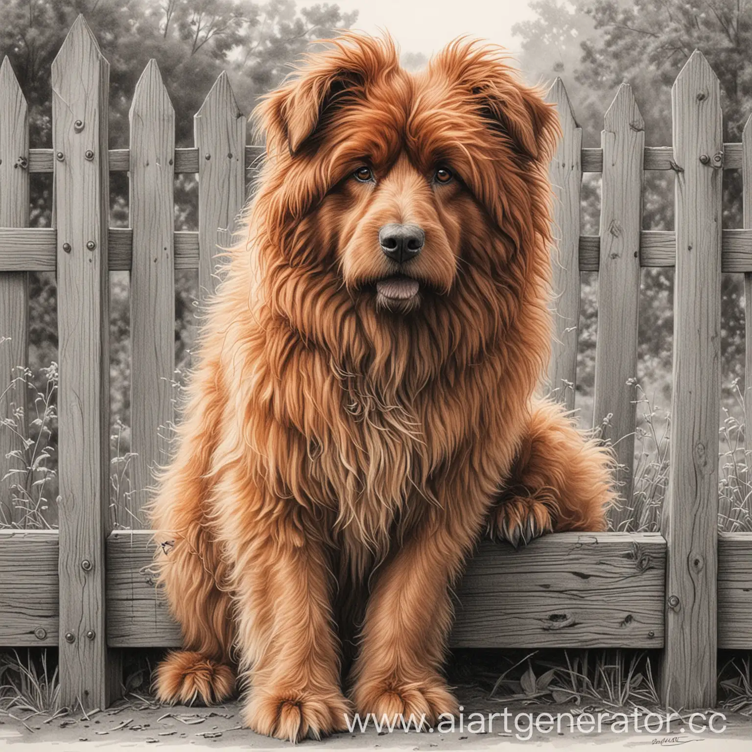большой рыжий лохматый пес сидит у забора, карандашный рисунок
