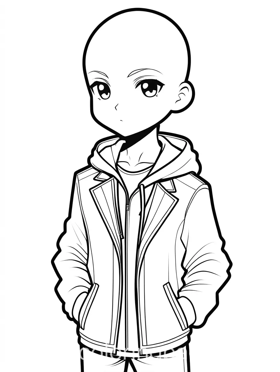 bald chibi yandere man wearing jacket, Coloring Page, black and white, line art, white background, Simplicity, Ample White Space. The background of the coloring page is plain white to make it easy for young children to color within the lines. The outlines of all the subjects are easy to distinguish, making it simple for kids to color without too much difficulty