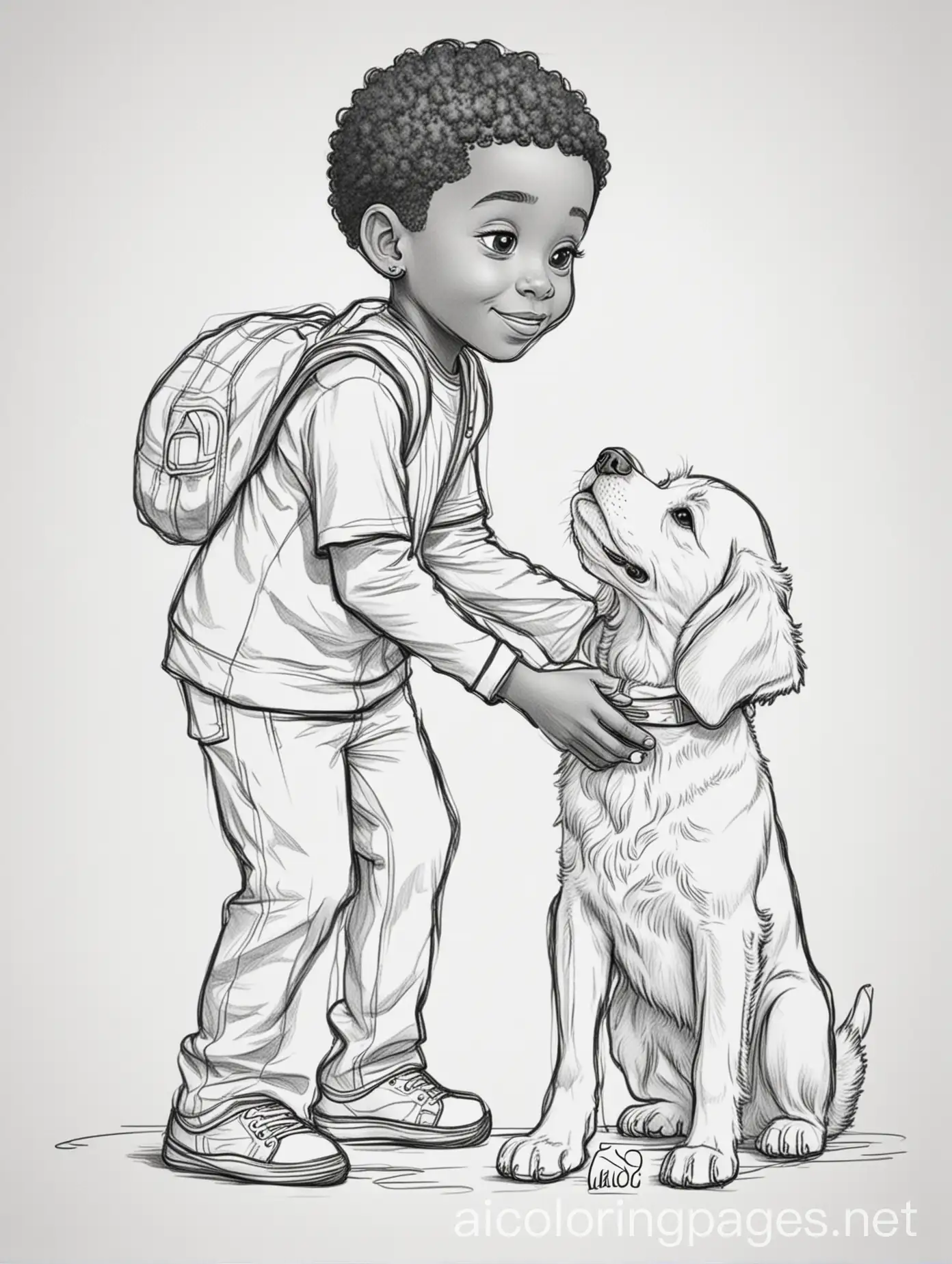 Black young Boy plays with dog coloring page, outlined with a white background, Coloring Page, black and white, line art, white background, Simplicity, Ample White Space. The background of the coloring page is plain white to make it easy for young children to color within the lines. The outlines of all the subjects are easy to distinguish, making it simple for kids to color without too much difficulty