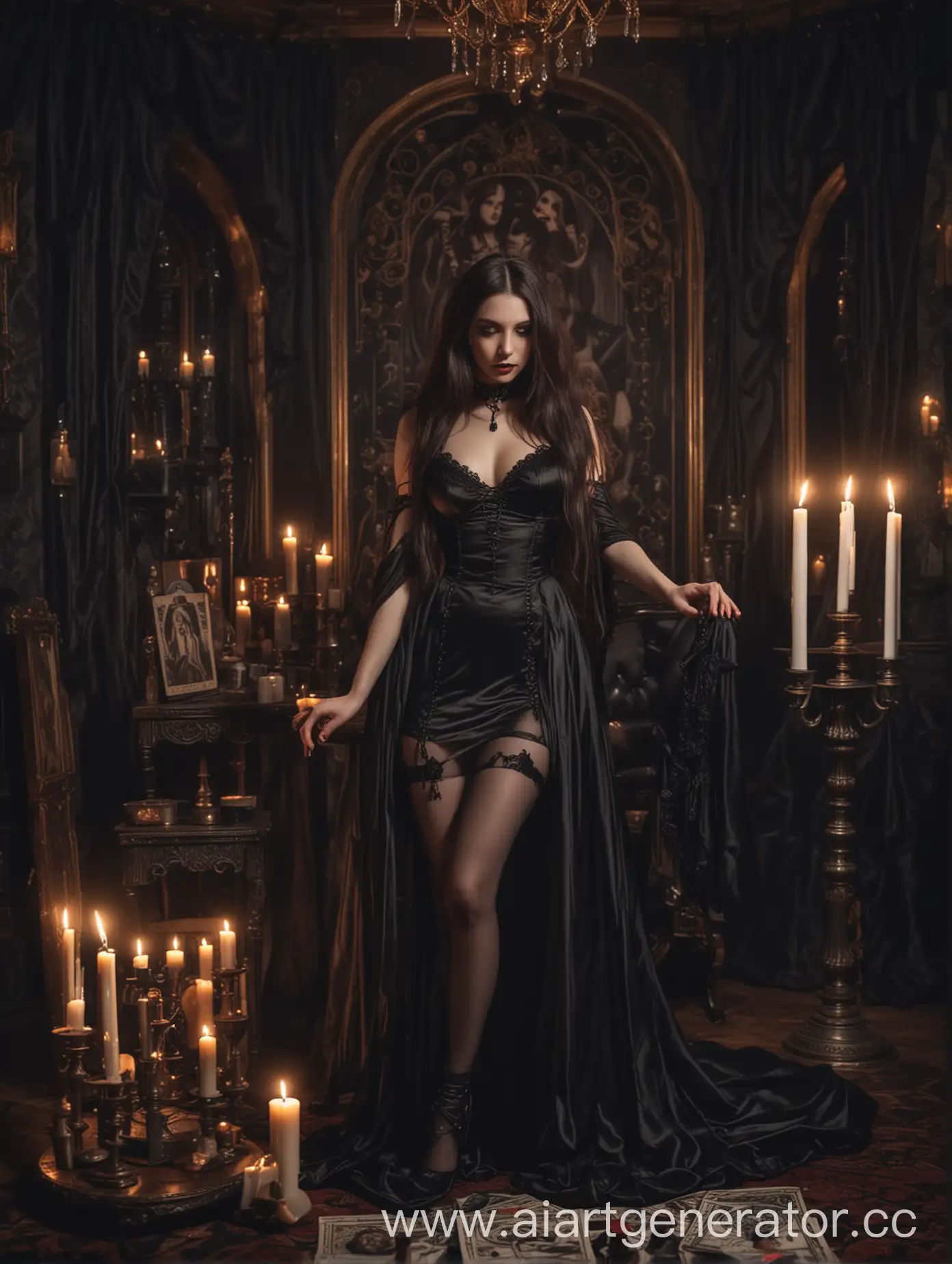 Sultry-Gothic-Fashion-Model-Reading-Tarot-in-Dark-Aesthetic-Setting