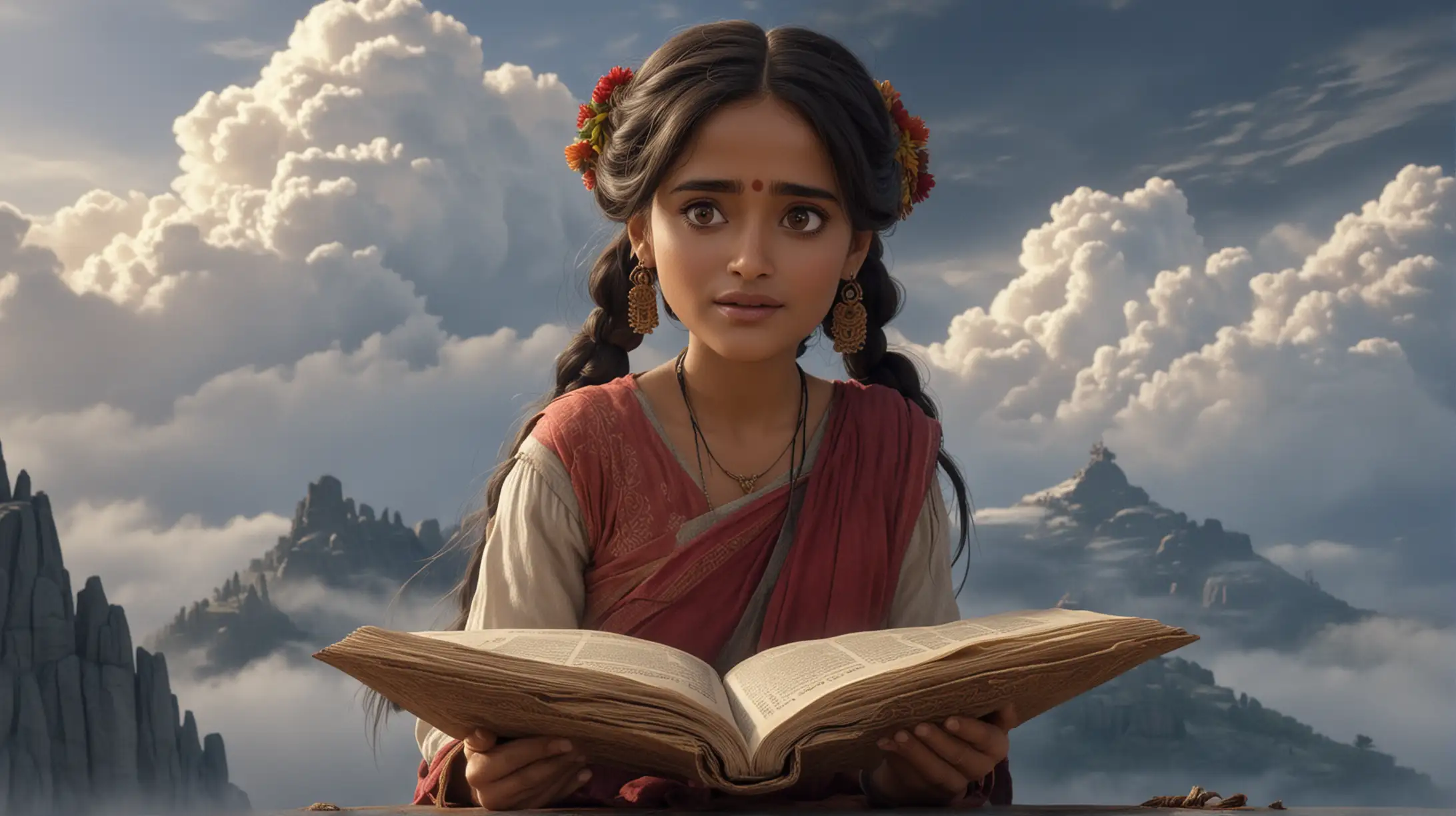 cartoon, Salma Hayek as indian girl reads mantras on top of a mountain, close-up, clouds, fog, pigtails
