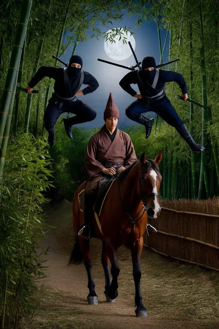 два ниндзя в черных одеждах с короткими мечами за спиной прыгают сверху на всадника, бамбуковый лес, ночь, луна, всадник на тропинке
